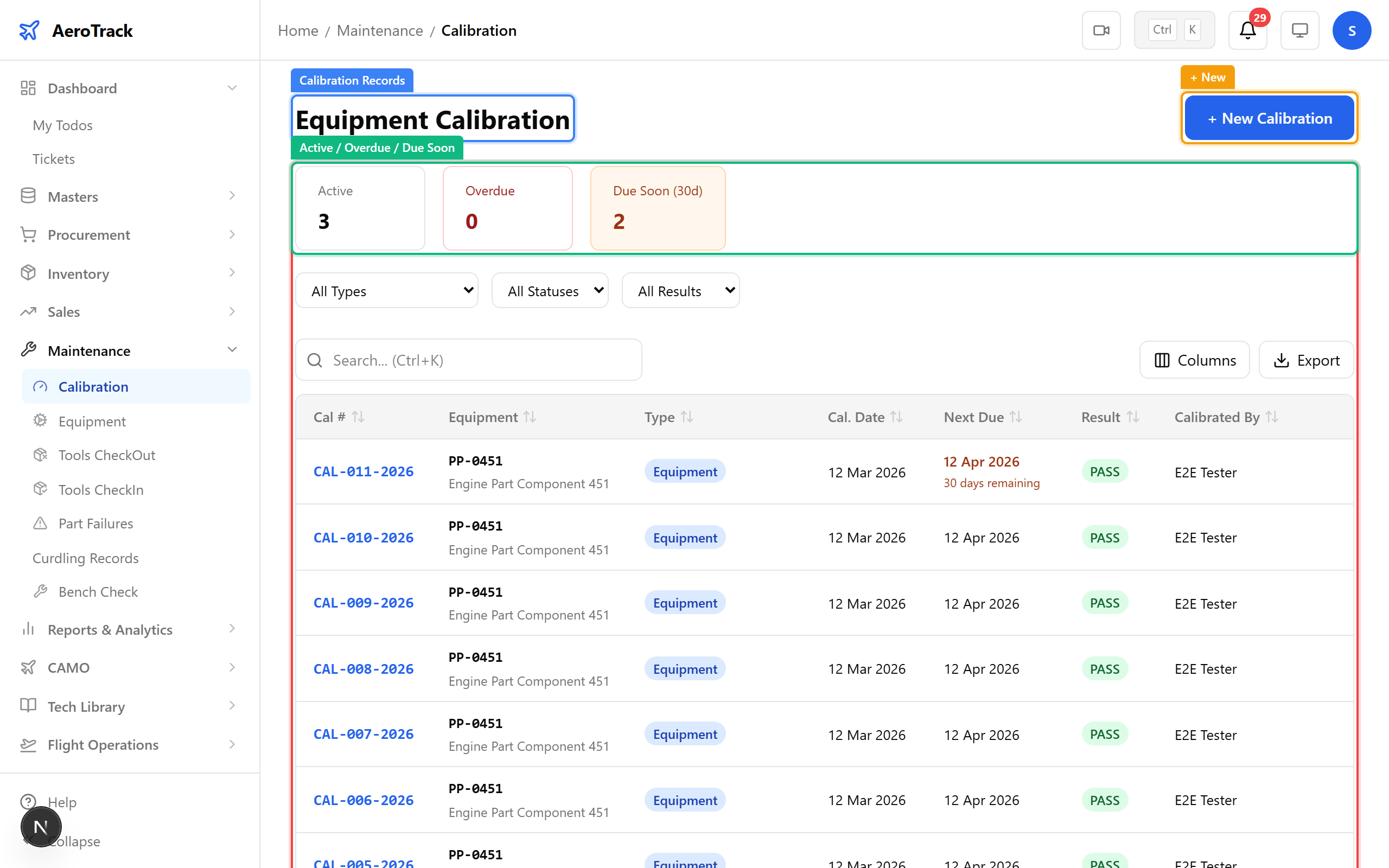 Calibration records with status banner