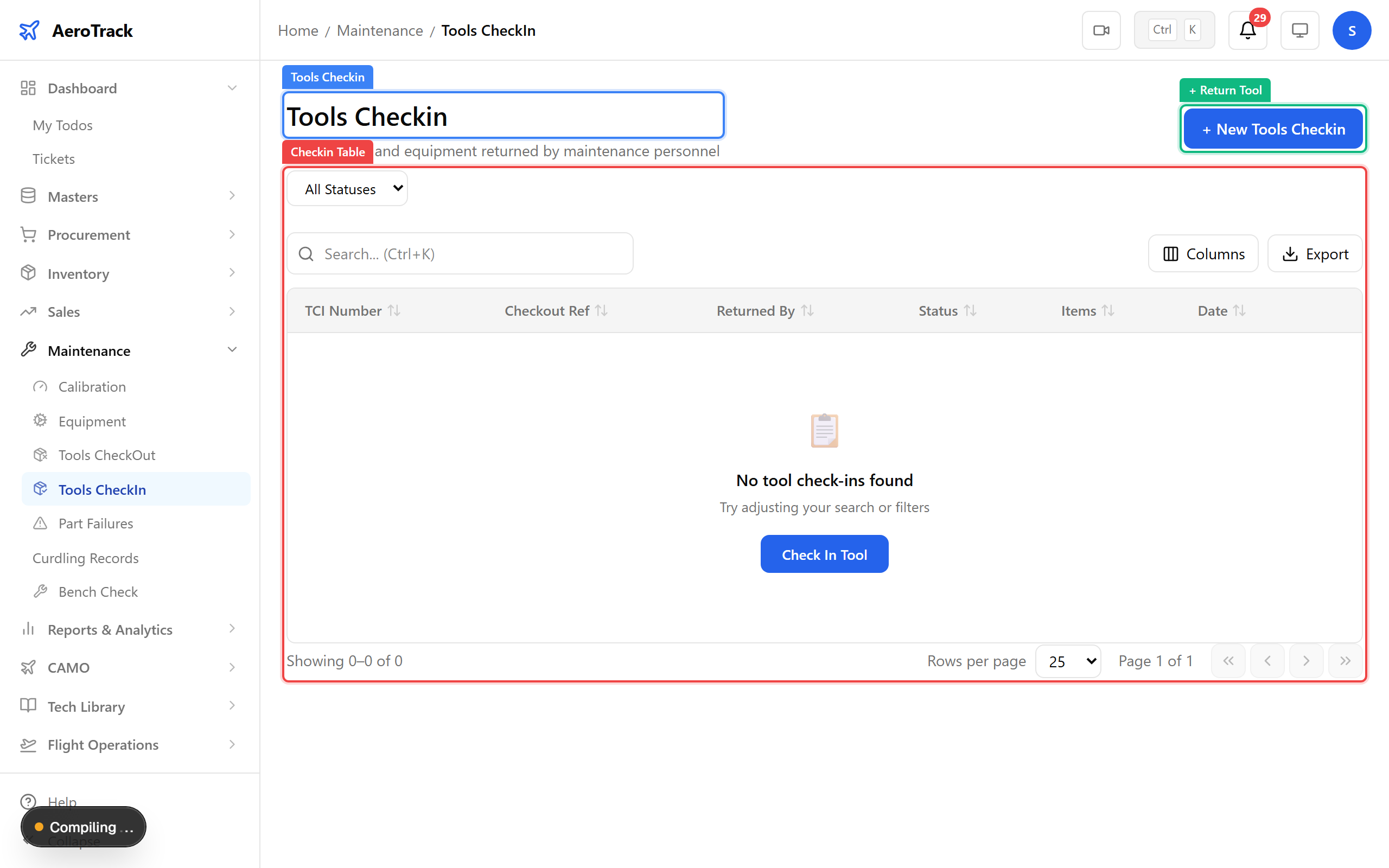 Tools checkin list with return action