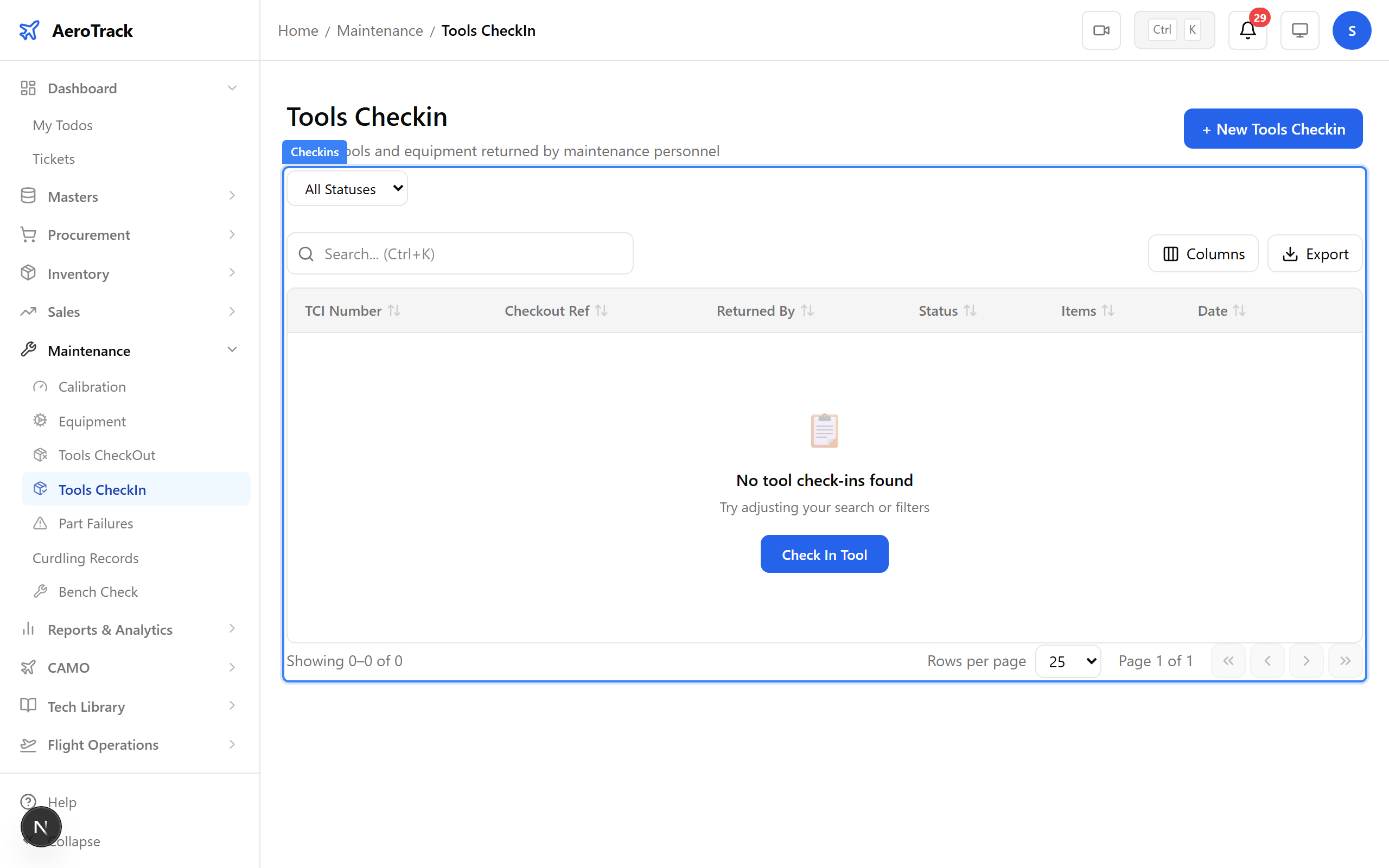 Checkin detail showing completed return
