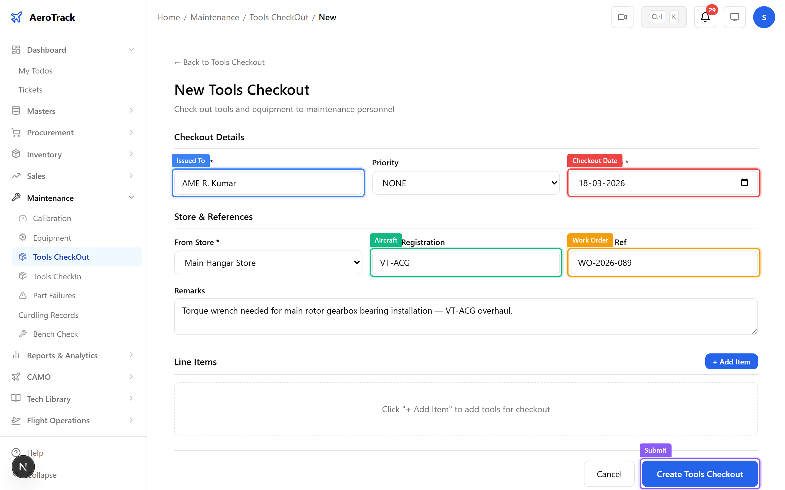 Tools checkout form