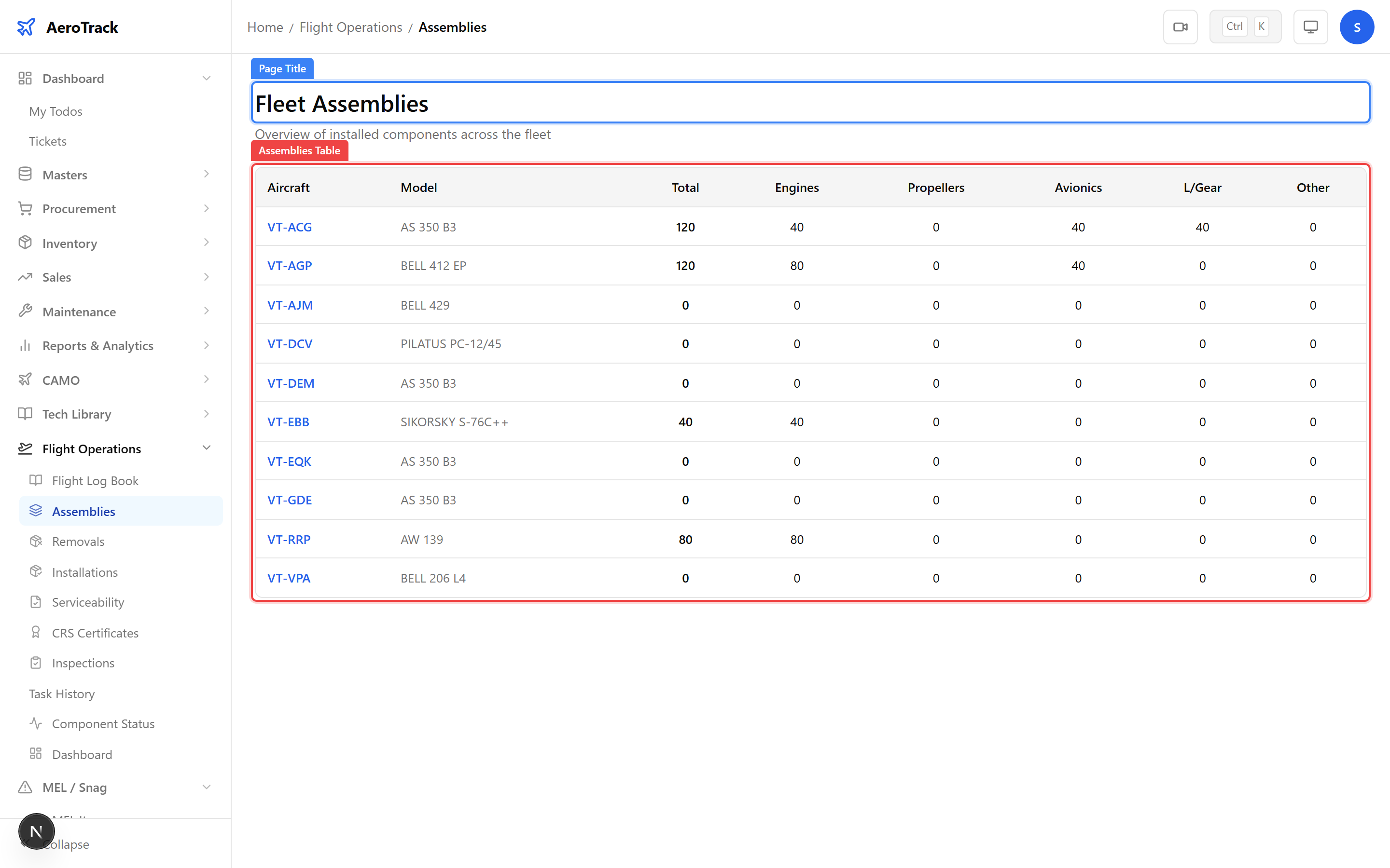 Assemblies list showing installed components with aircraft, part number, and hours