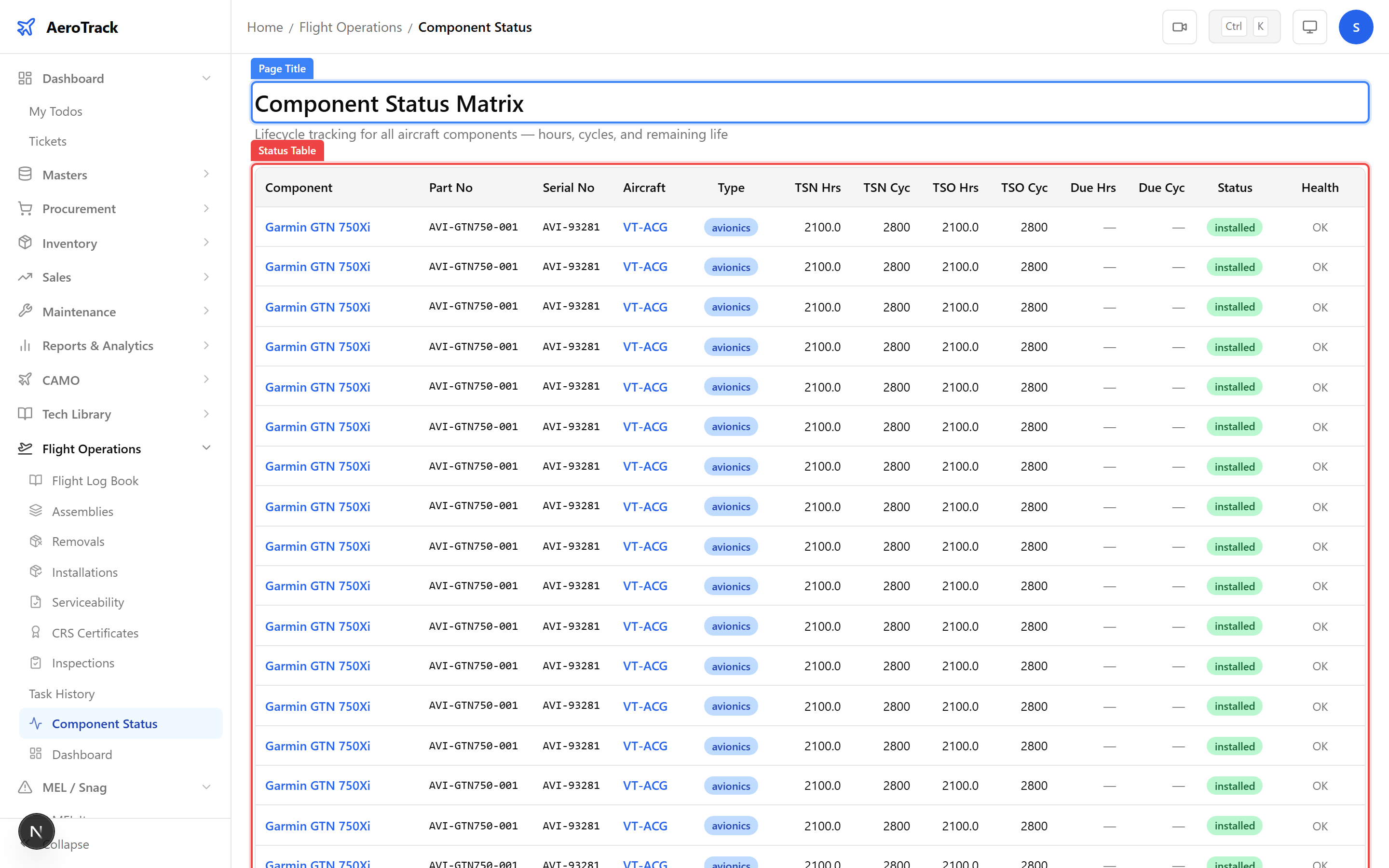 Component status table with life limits, remaining life, and status indicators