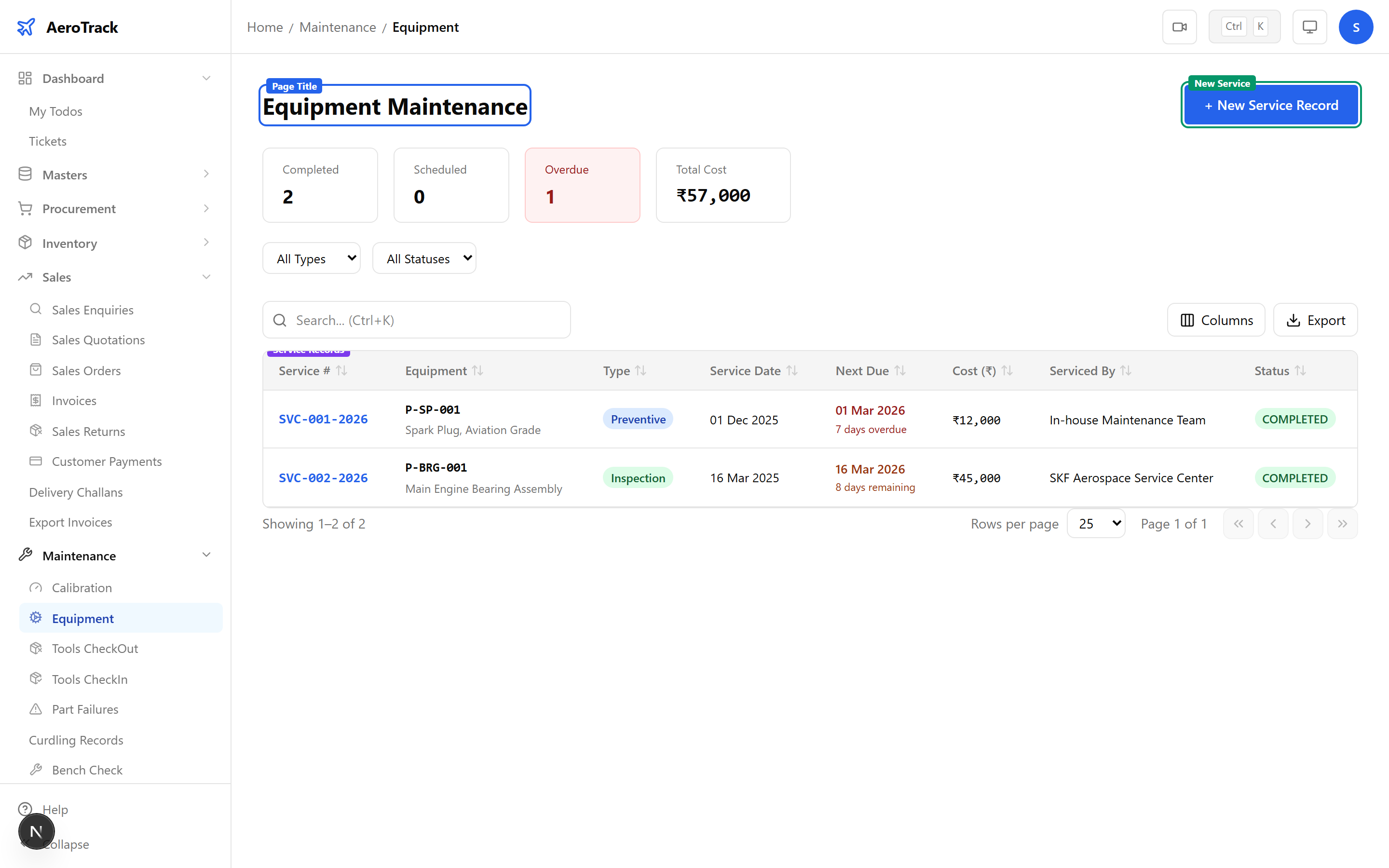 Equipment Maintenance list showing SVC numbers, equipment part number, service type badges, service date, next service date, serviced by, cost, and status badges