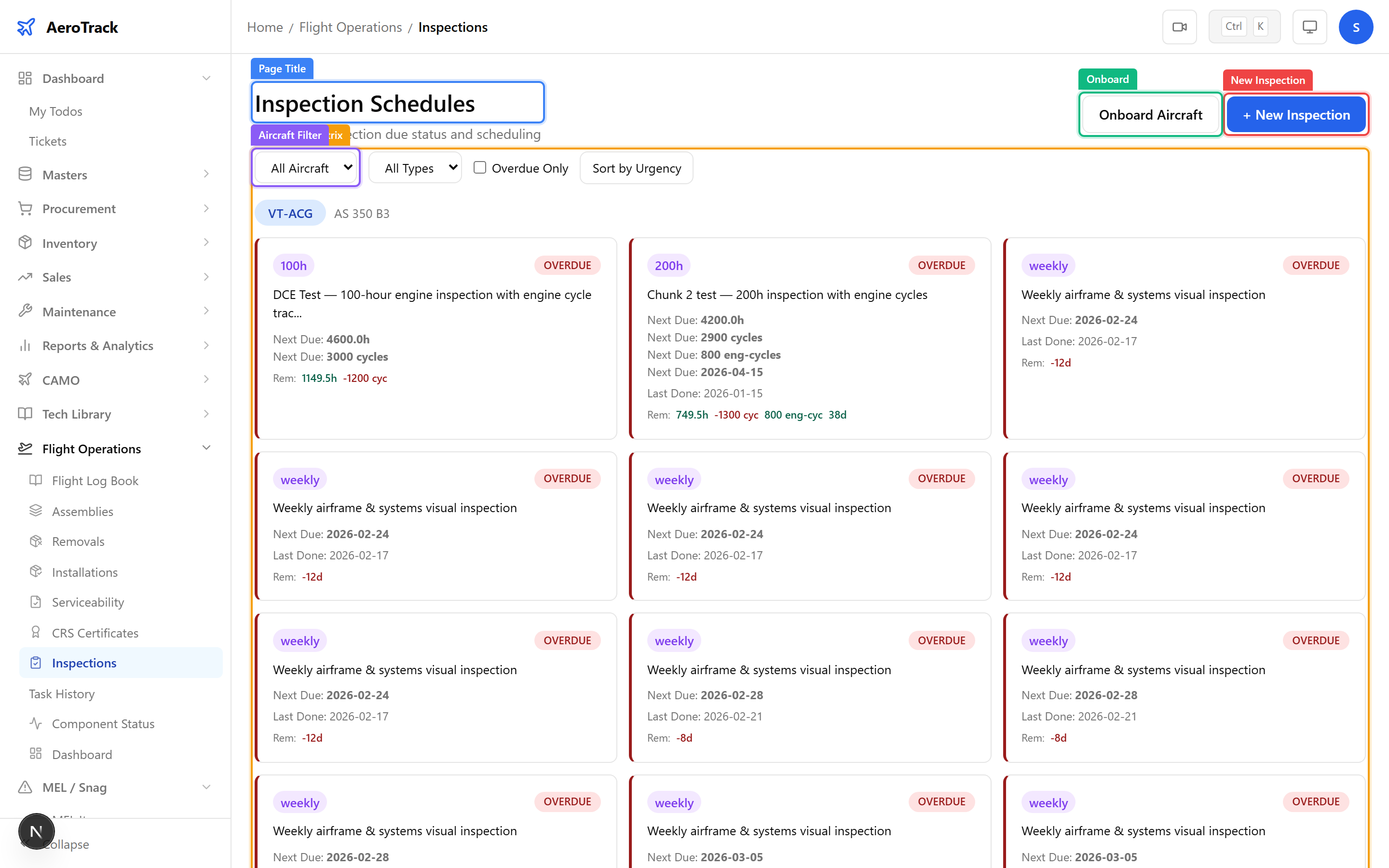 Inspection matrix showing aircraft, type, intervals, due status with color coding