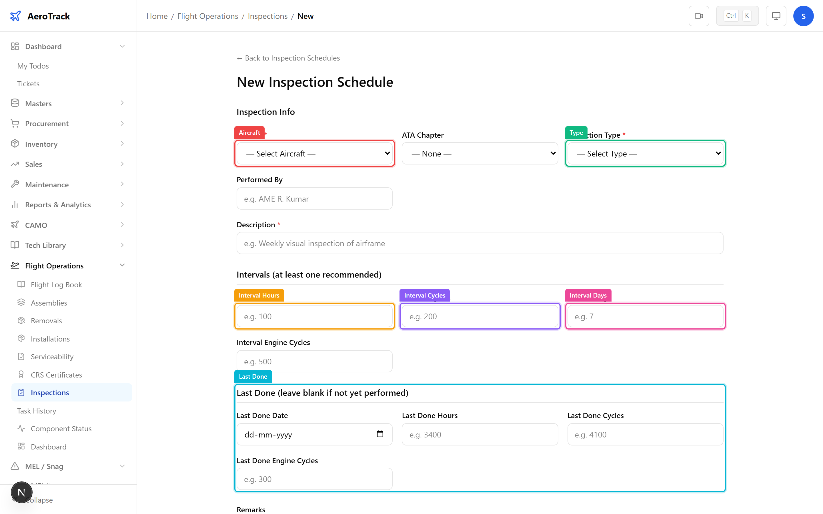 New inspection form with aircraft, type, intervals, last-done baseline, and submit