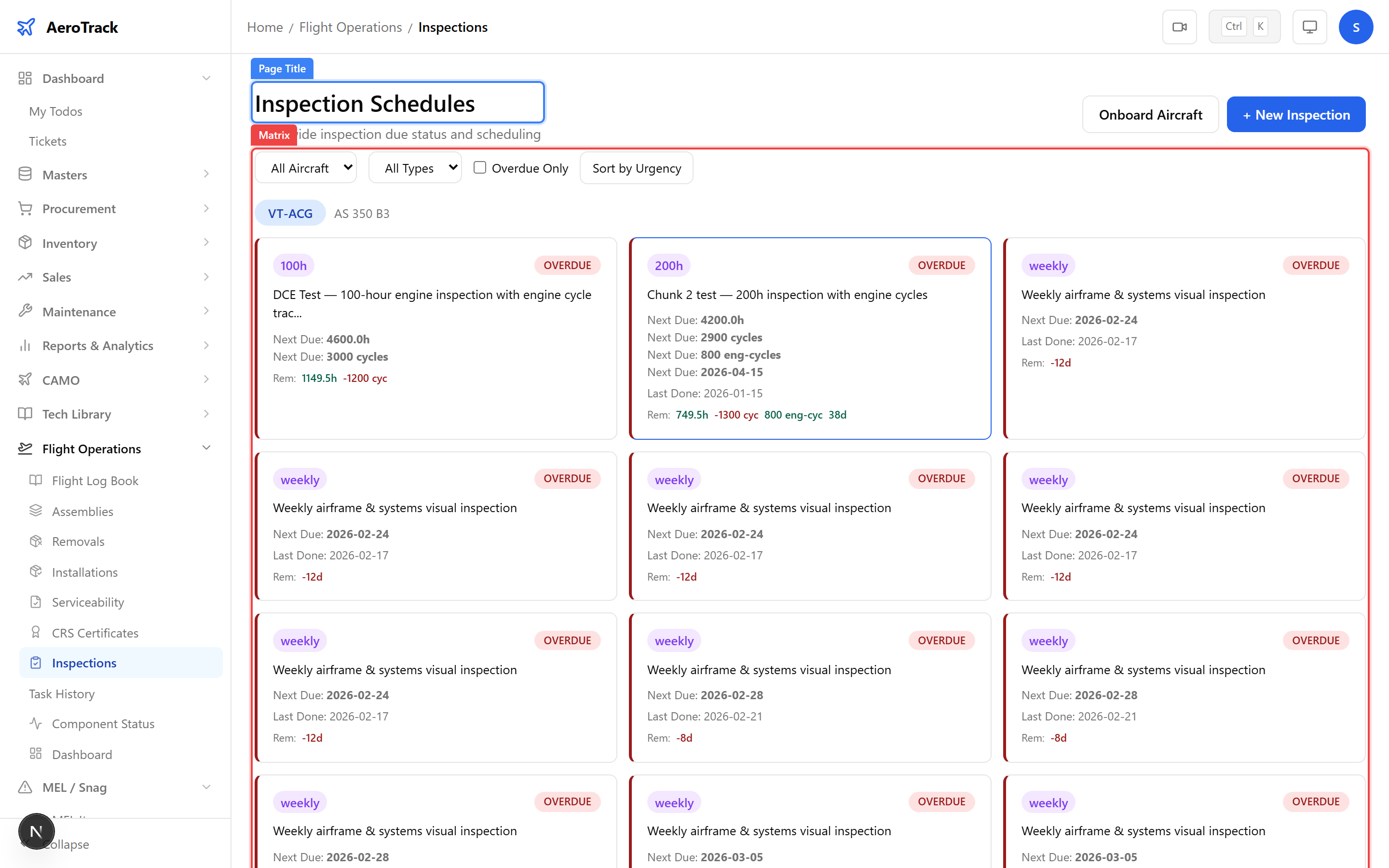 Inspection detail with mark-as-done form and history