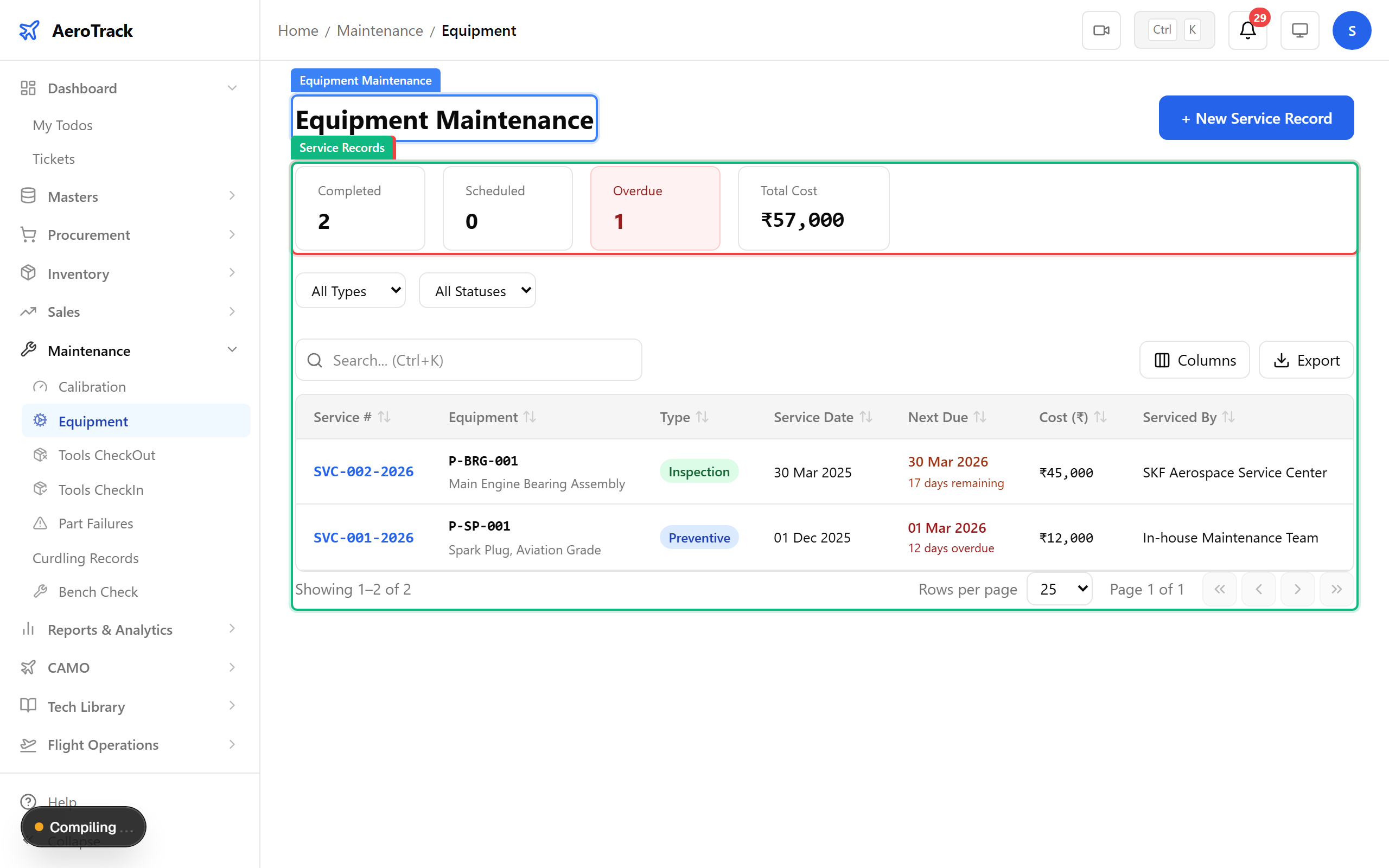 Equipment maintenance overview with status banner