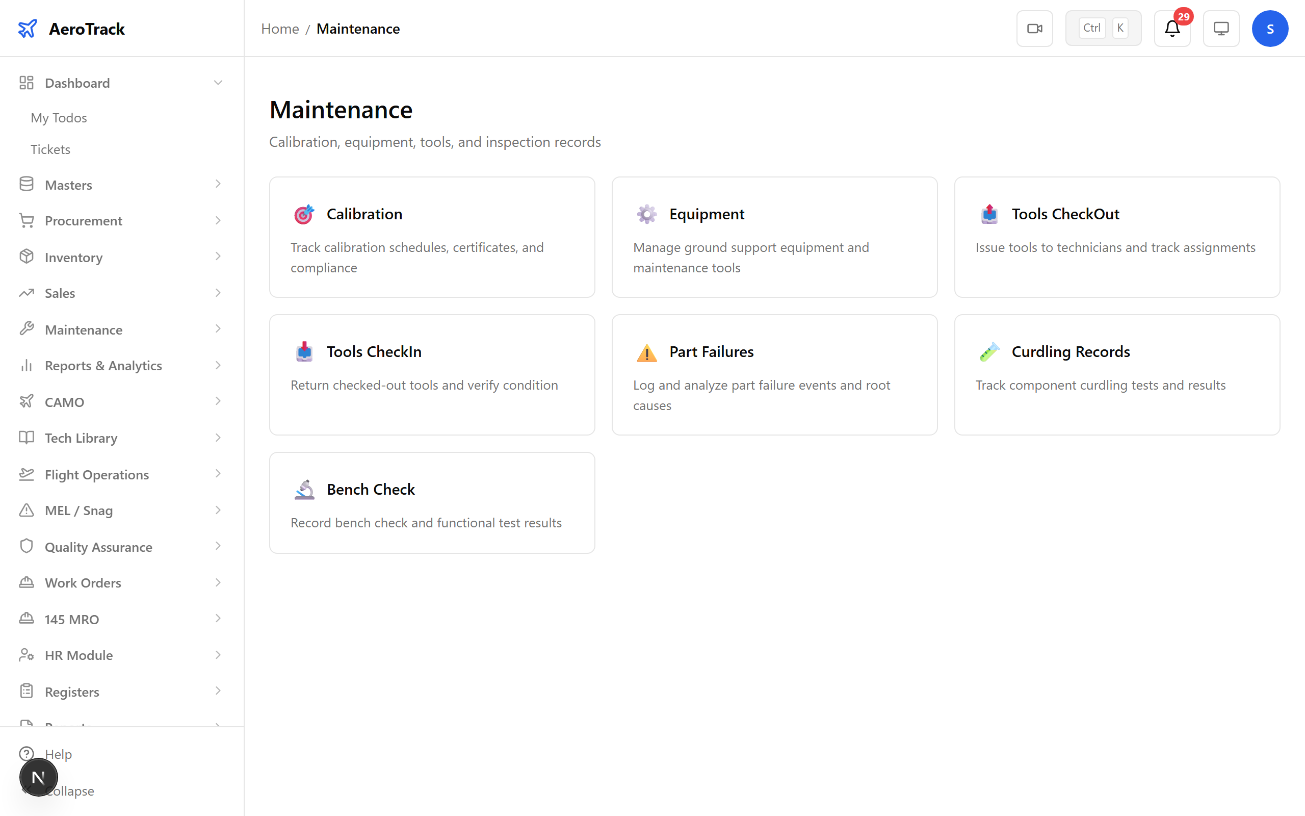 Maintenance module landing page