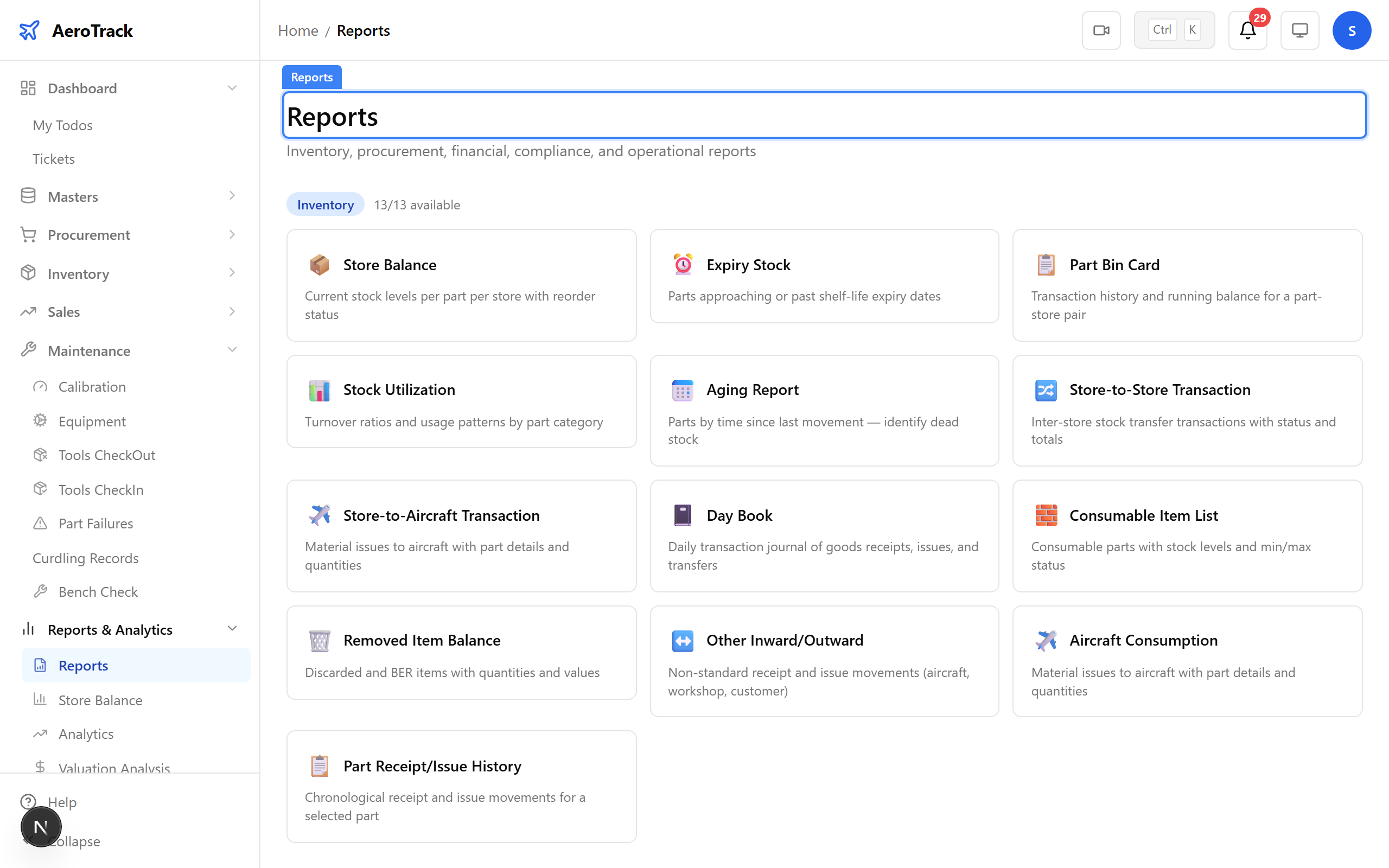 Reports index with maintenance reports