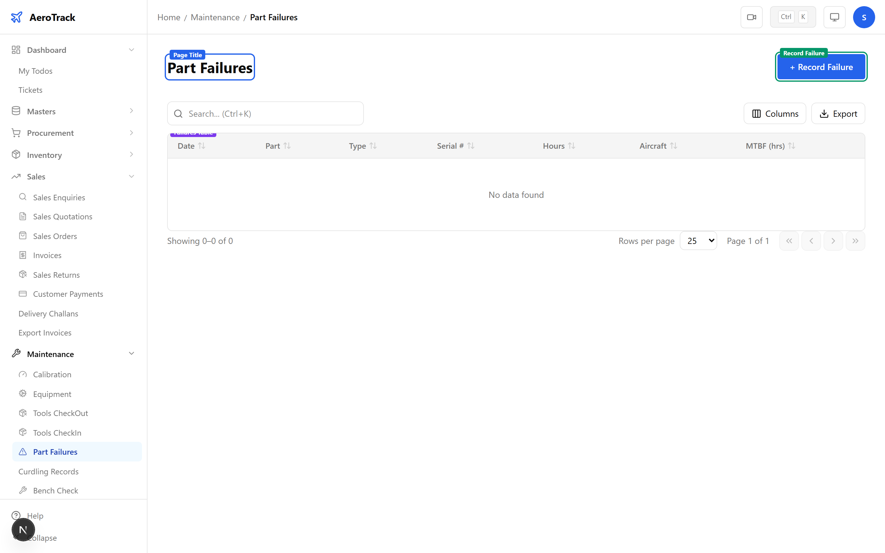 Part Failures list showing part numbers, descriptions, serial numbers, failure type badges, failure date, hours at failure, cycles at failure, aircraft reg, and MTBF
