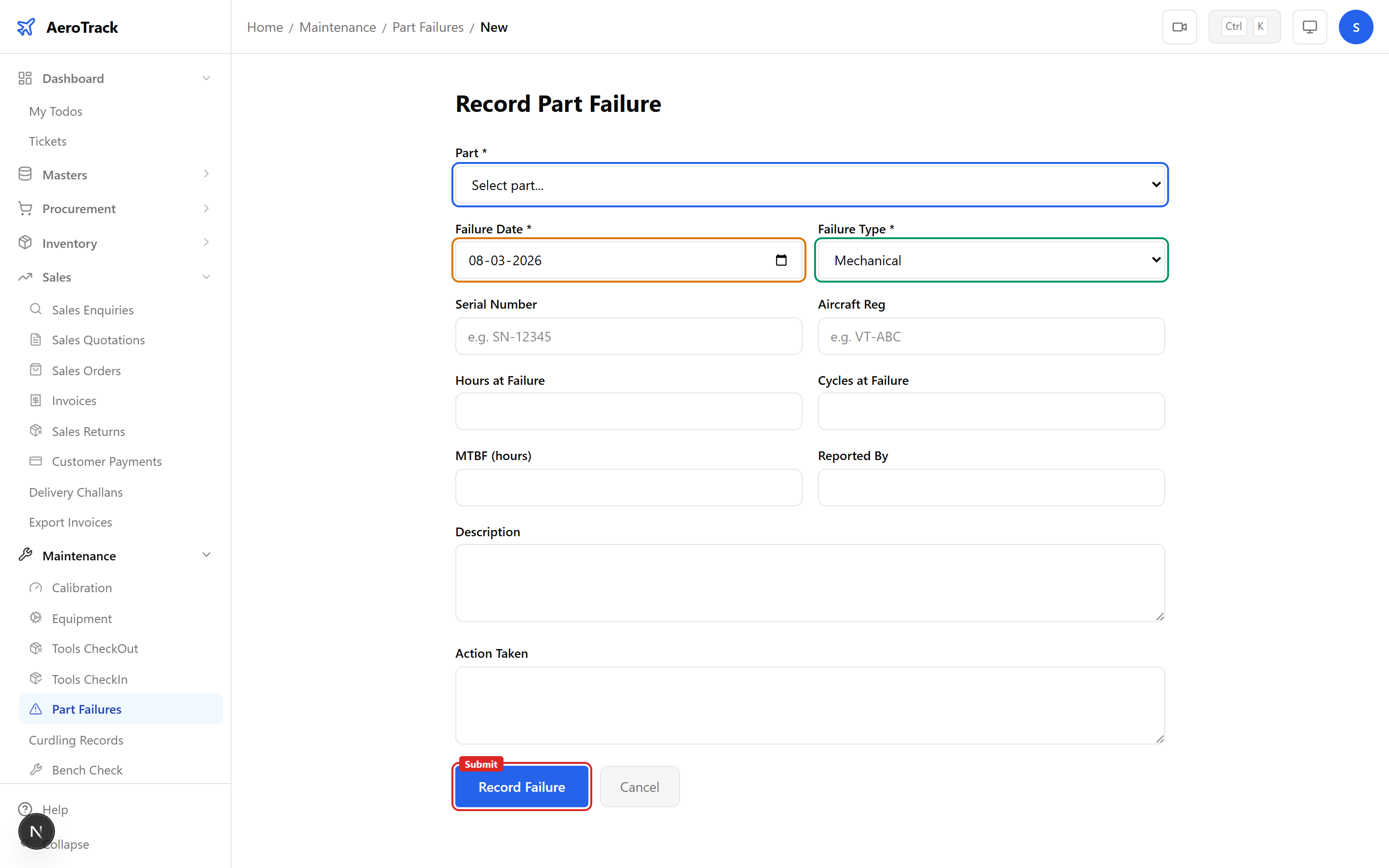 Part Failure form with part selector, failure type, failure date, serial number, aircraft reg, hours at failure, cycles, MTBF, reported by, description, and action taken fields