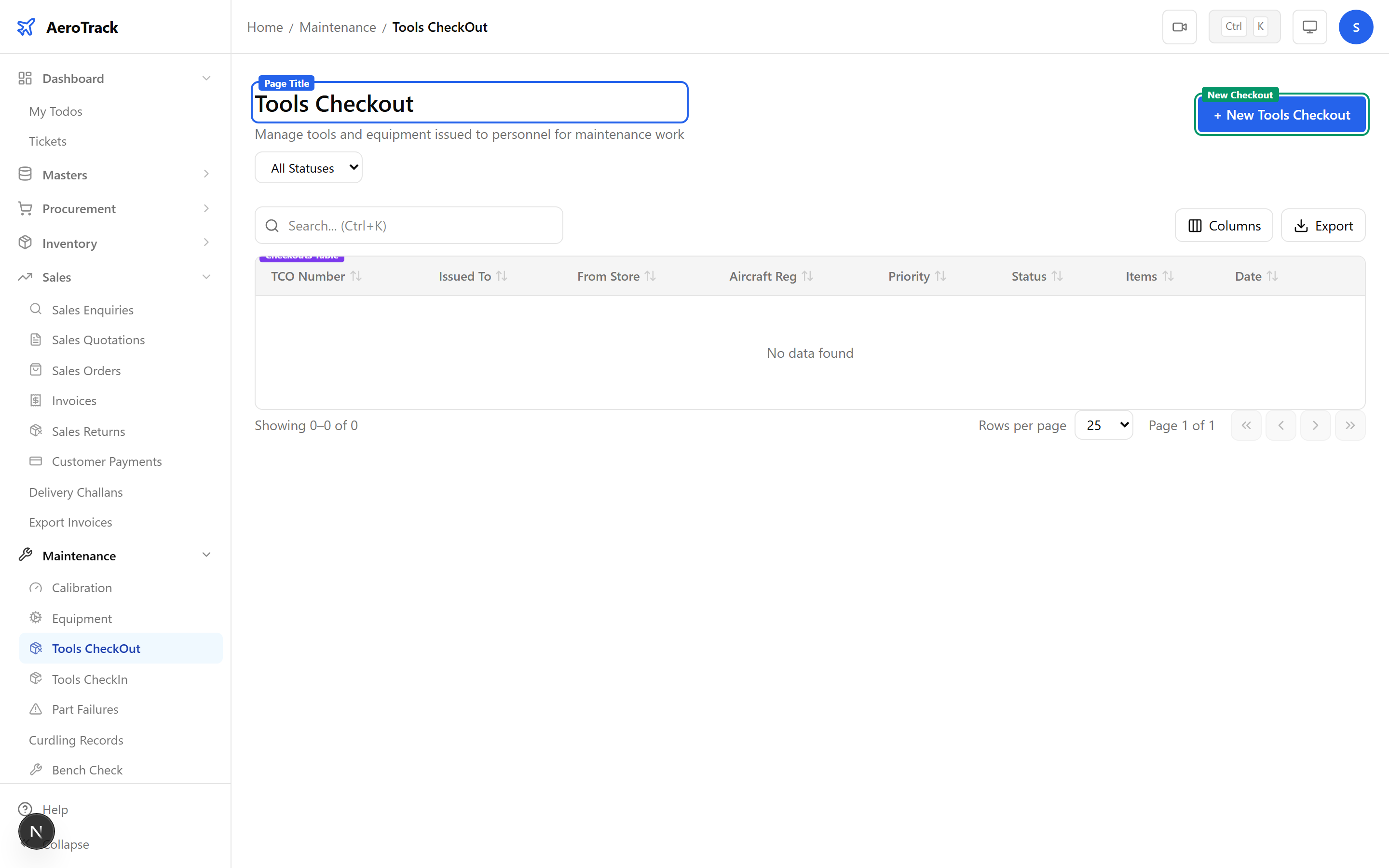 Tools Checkout list showing TCO numbers, issued to, from store, aircraft reg, work order ref, checkout date, priority badge, item count, and status badges