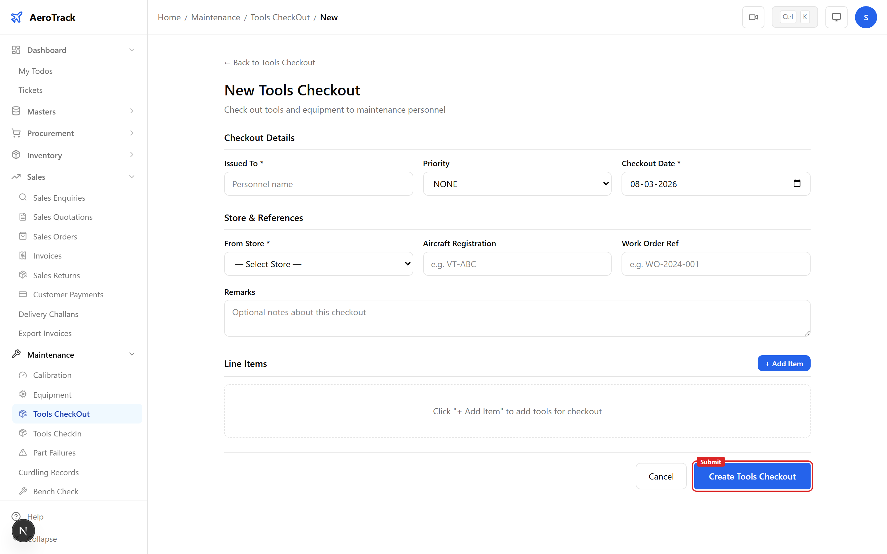 Tools Checkout form with checkout date, issued to field, store selector, aircraft reg, work order ref, priority selector, and tool items table with part search, serial number, quantity, and condition columns