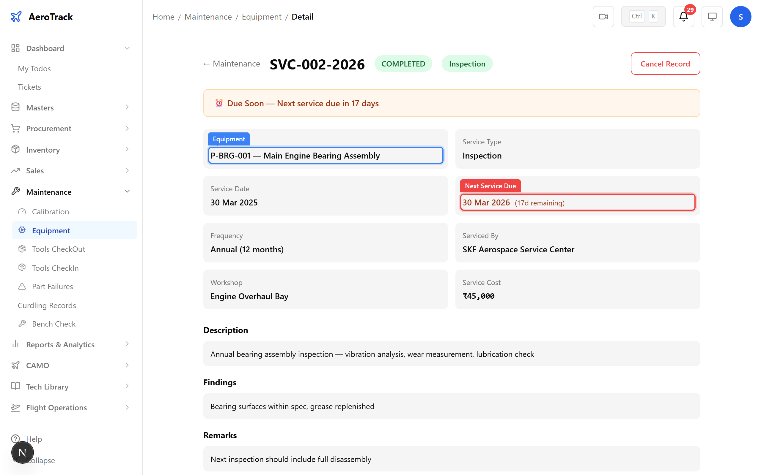 Equipment detail with service history