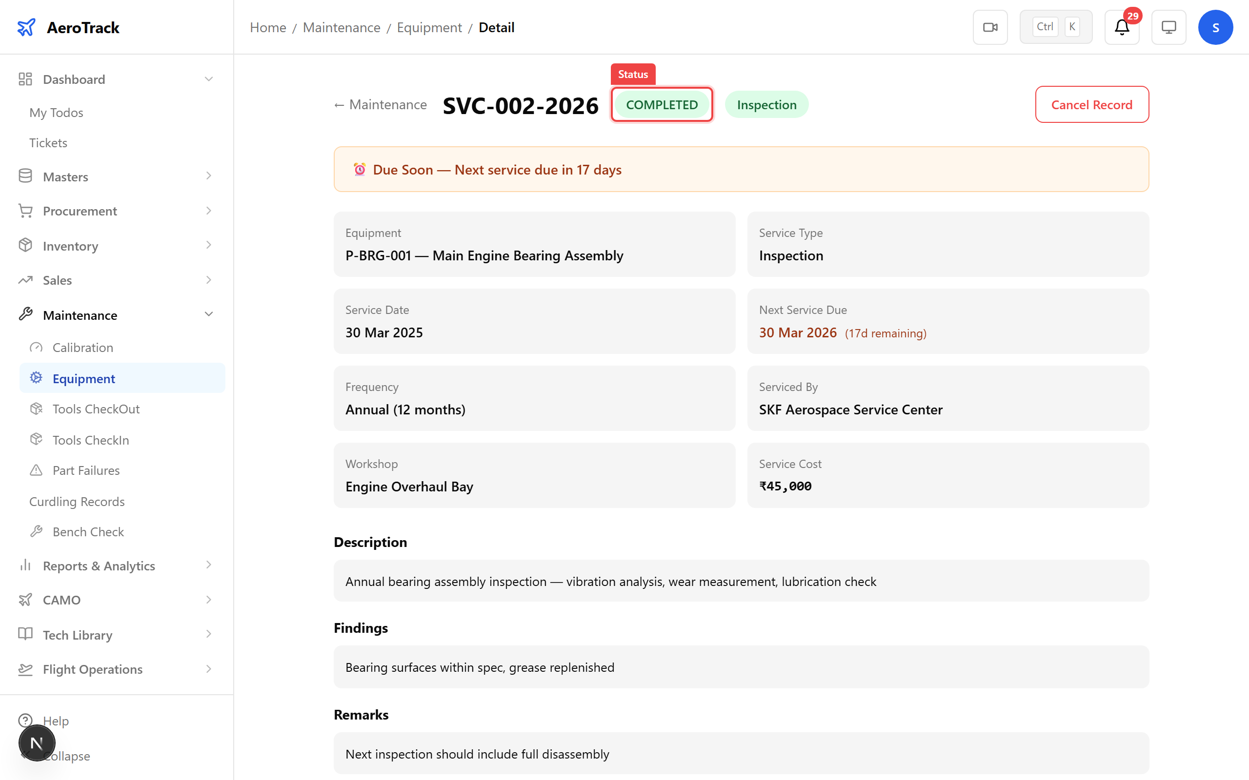 Equipment service record detail with status