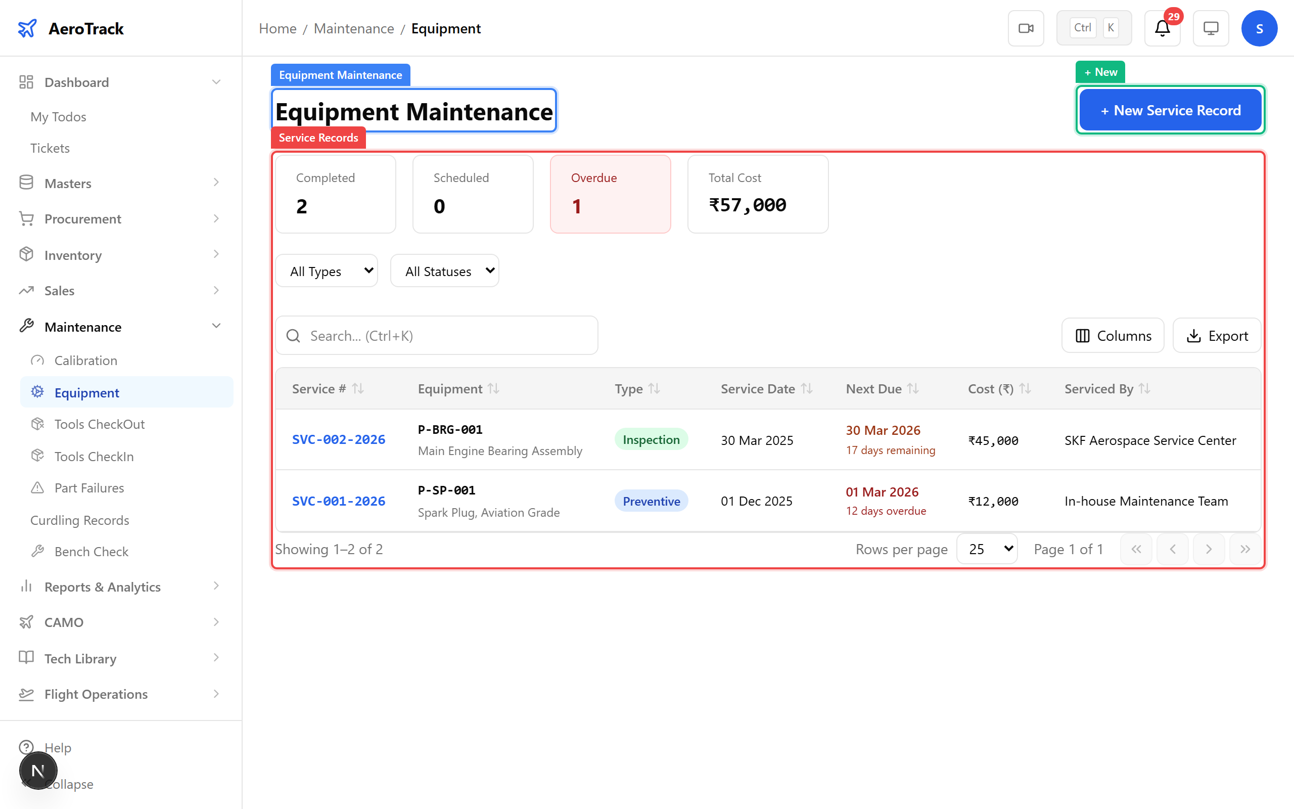 Equipment maintenance list with filters