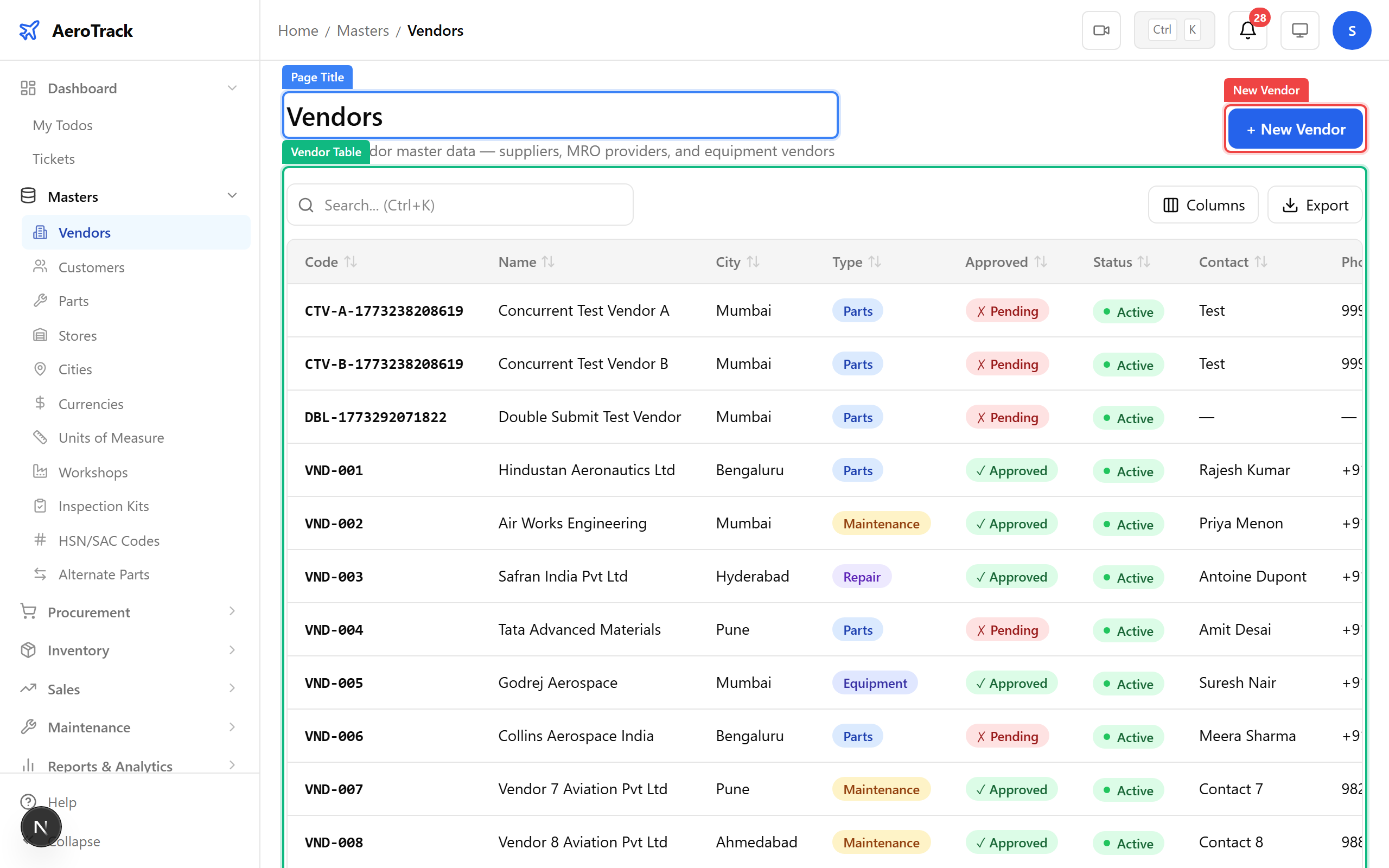 Vendor list page with table and New Vendor button