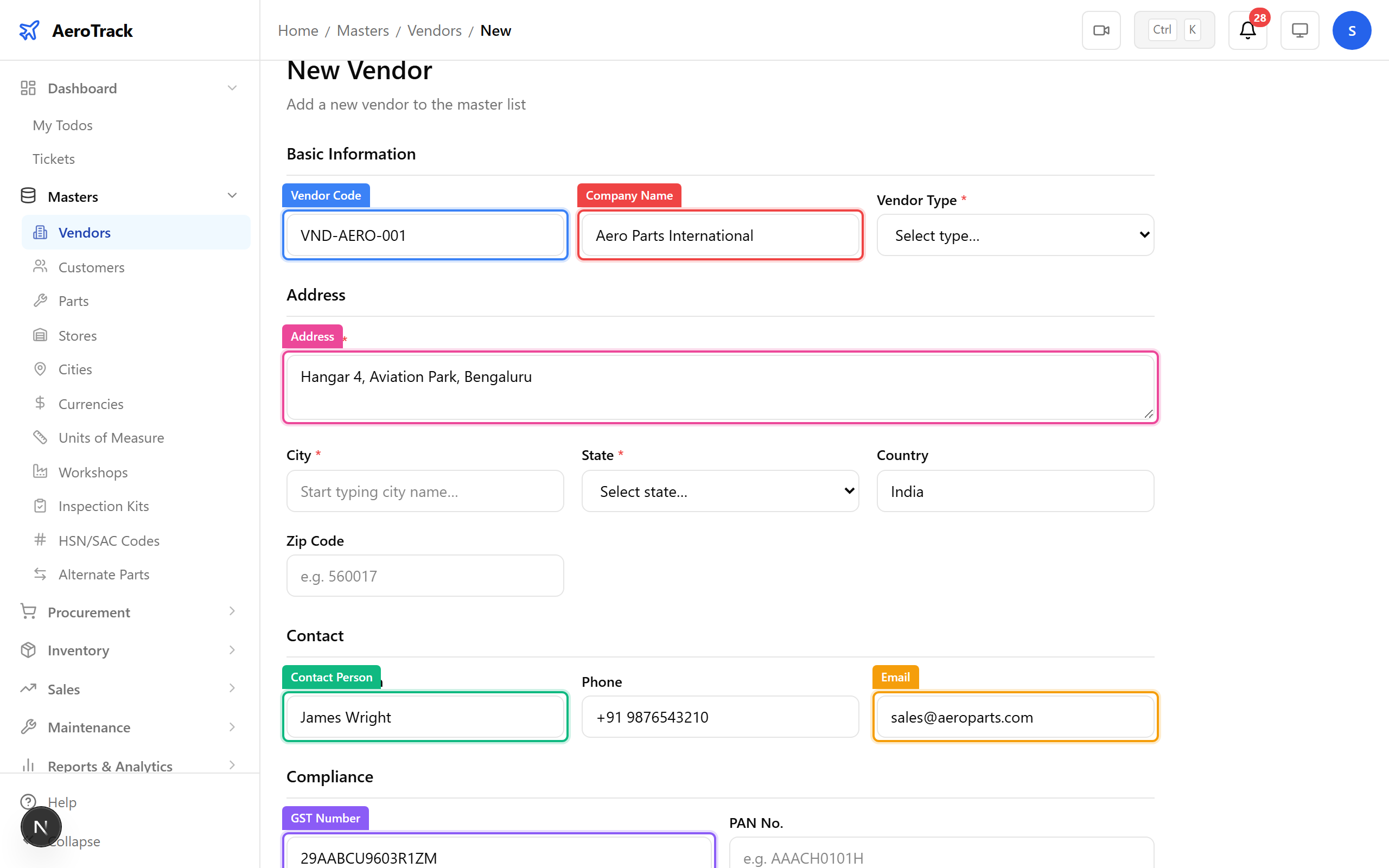 Vendor creation form with annotated fields