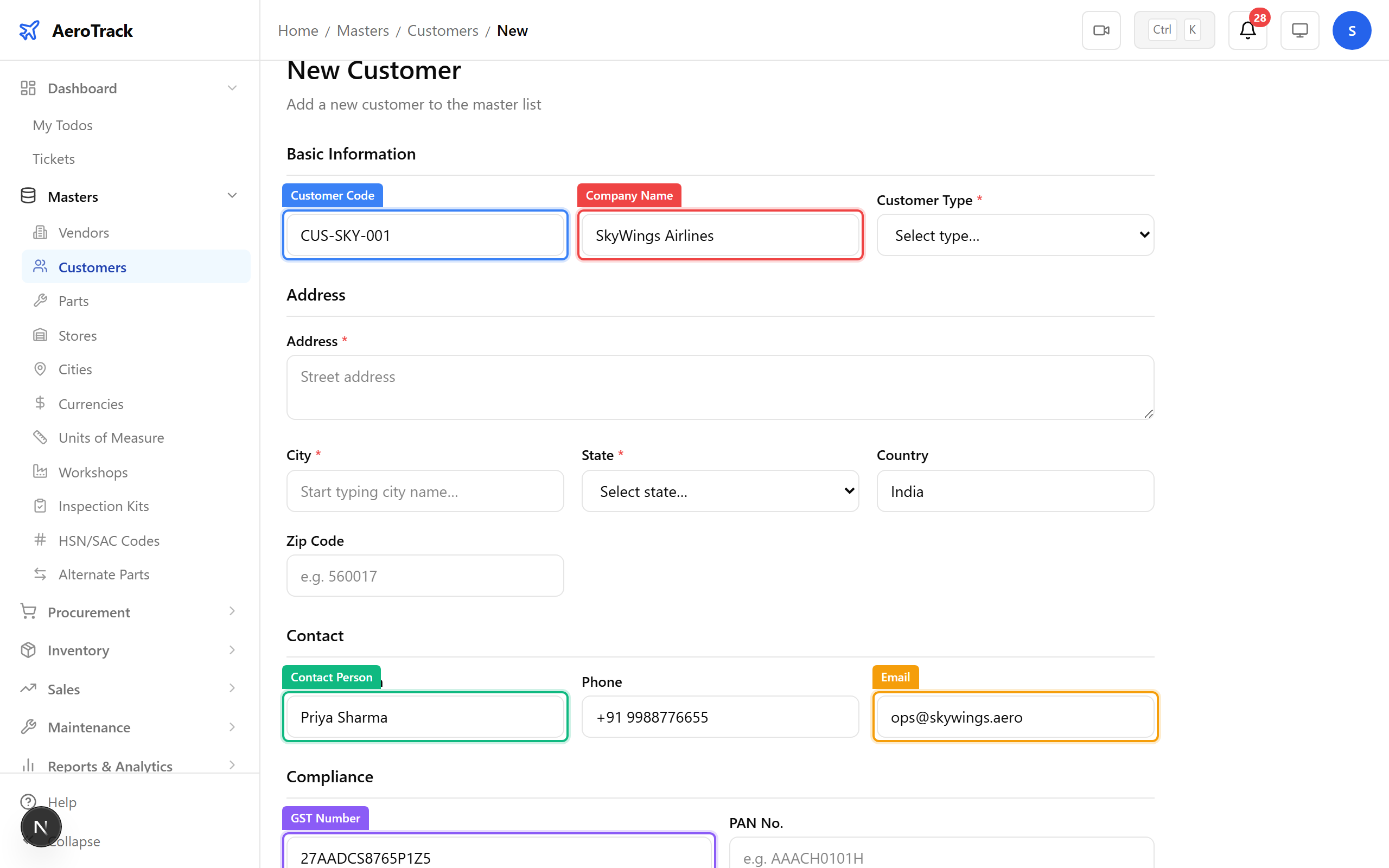 Customer creation form
