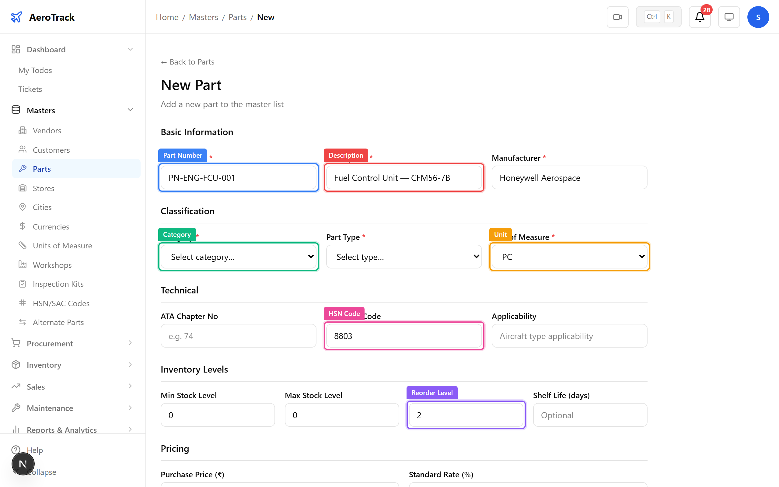Part creation form with annotated fields