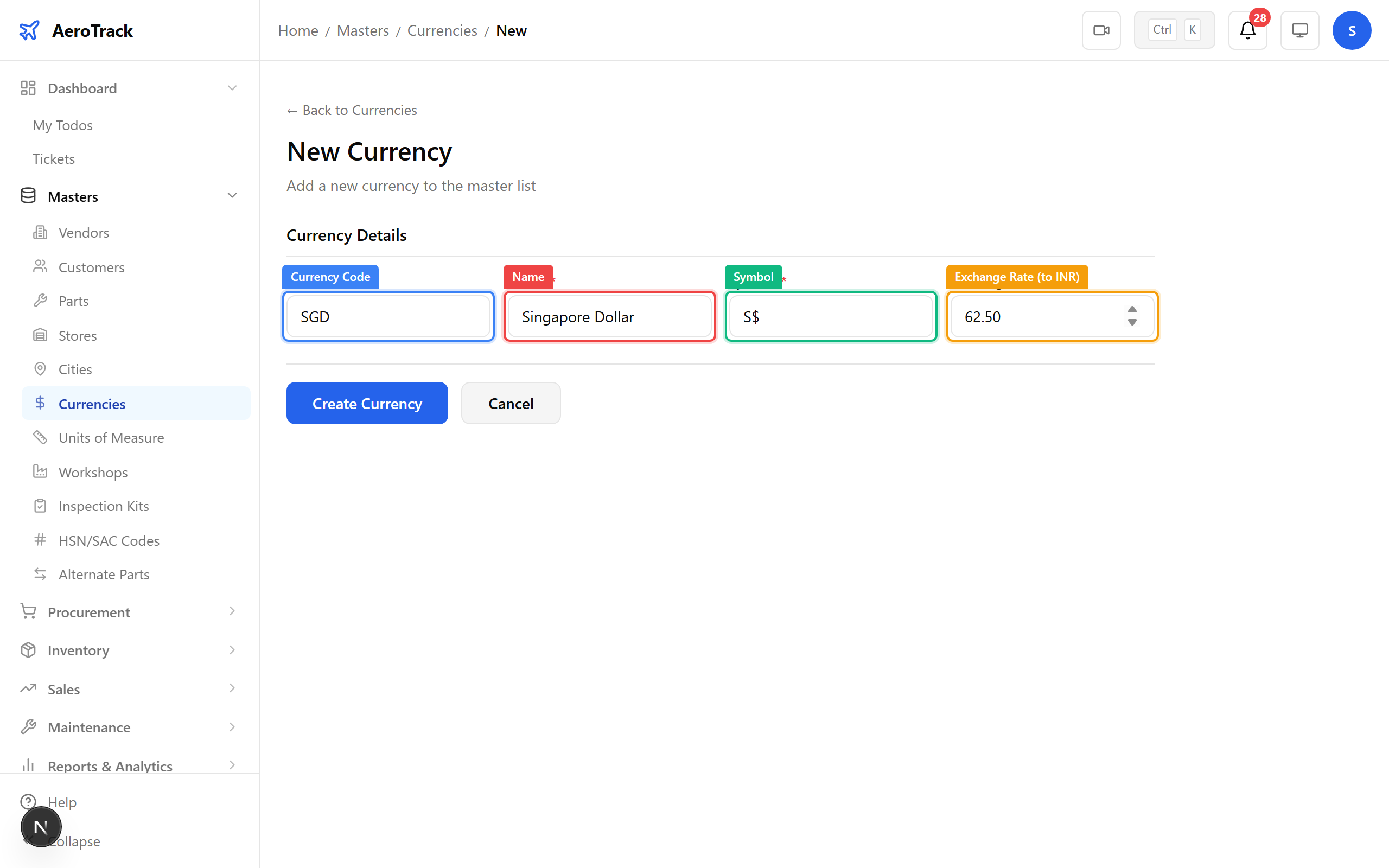Currency creation form
