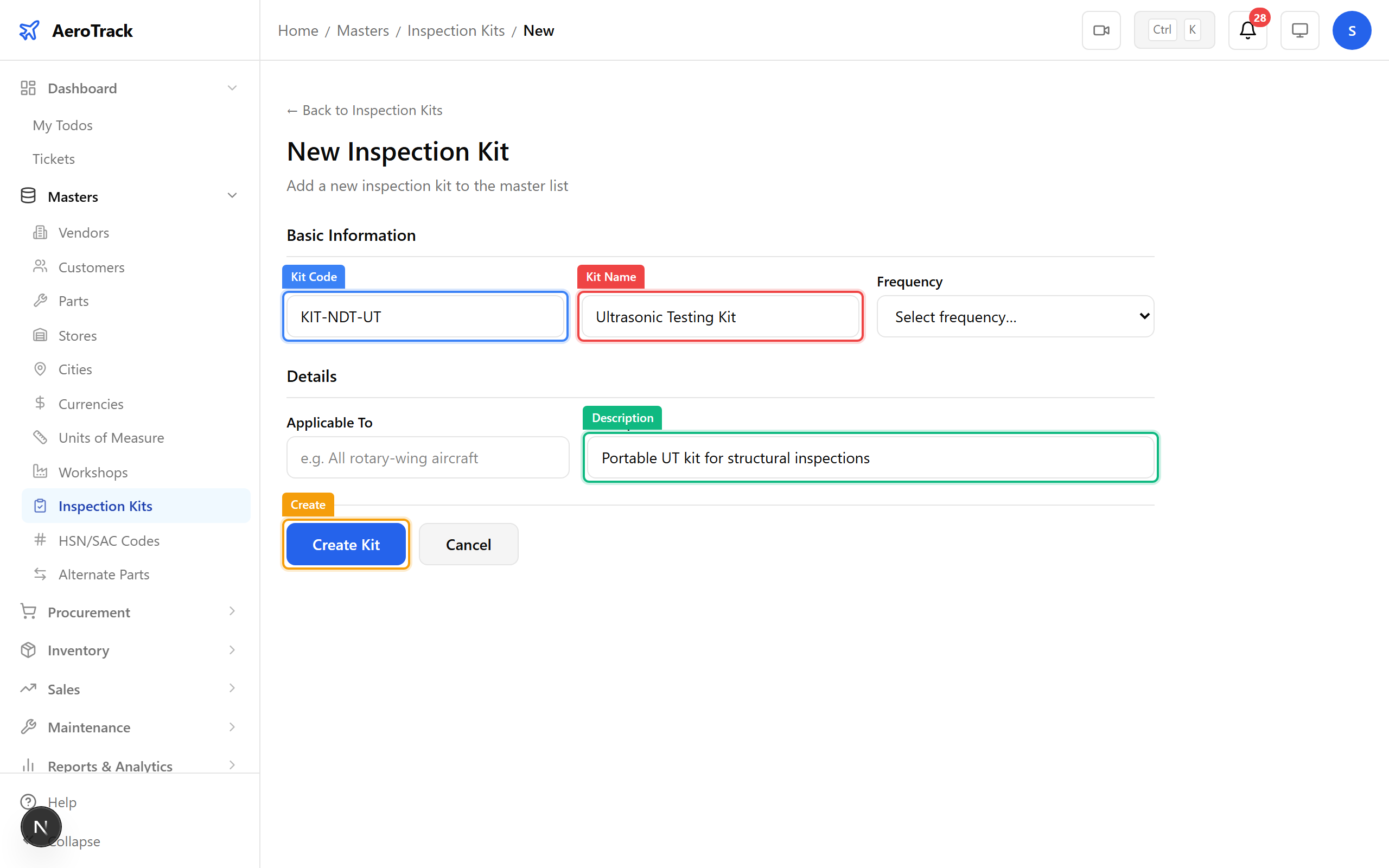 Inspection kit creation form