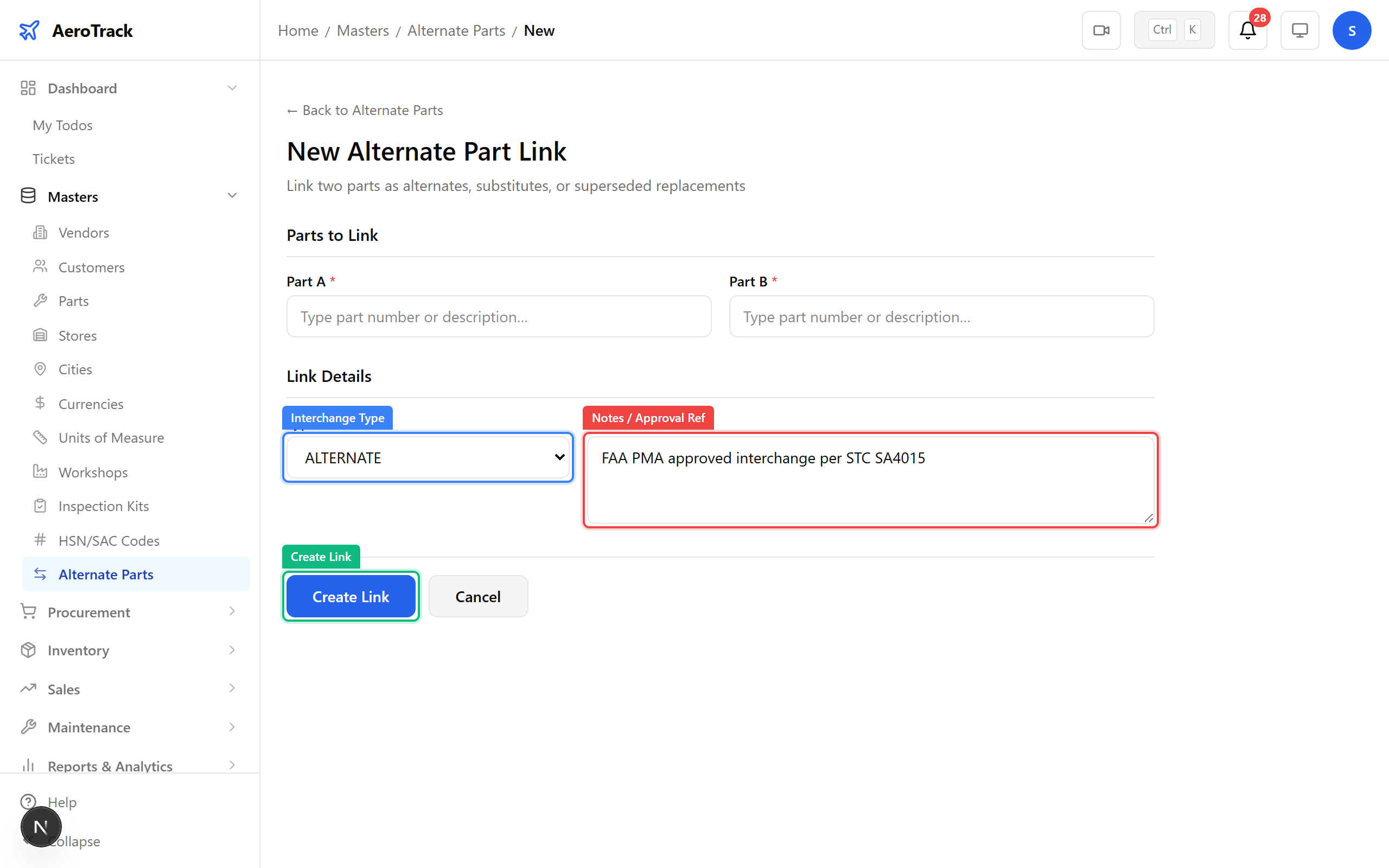 Alternate part link creation form