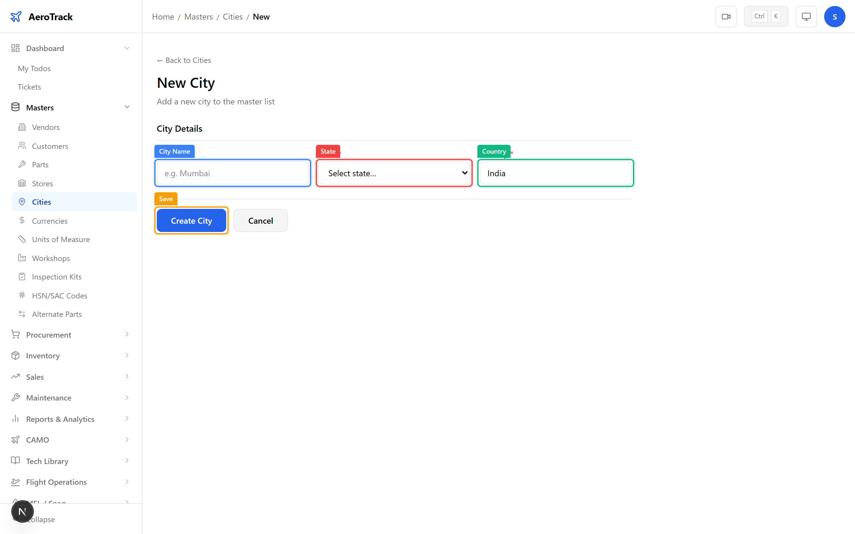 City creation form with name, state dropdown, and country fields