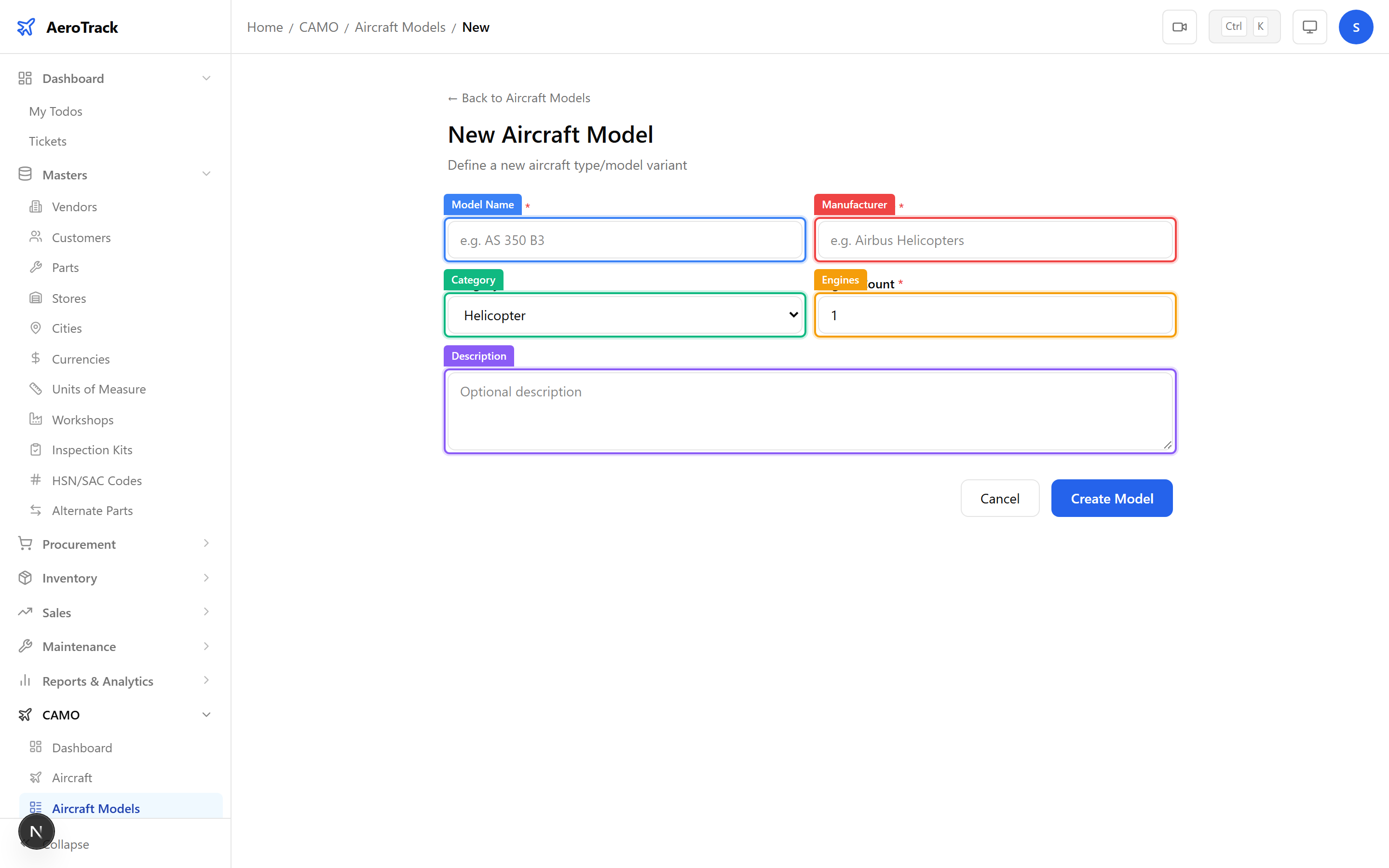 Aircraft model creation form with name, manufacturer, category, engine count, and description fields