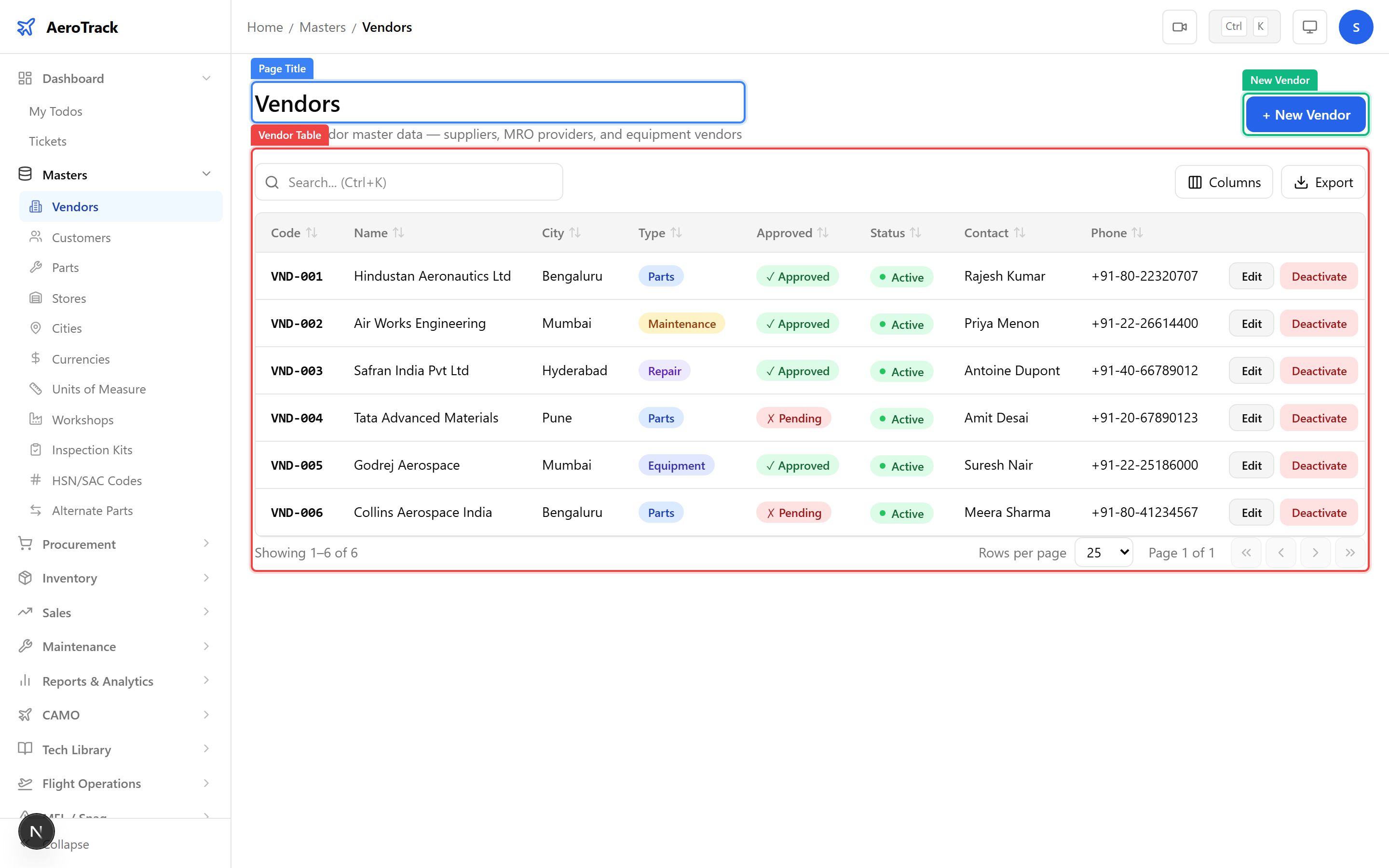 Vendor list showing supplier names, codes, types, cities, and approval status