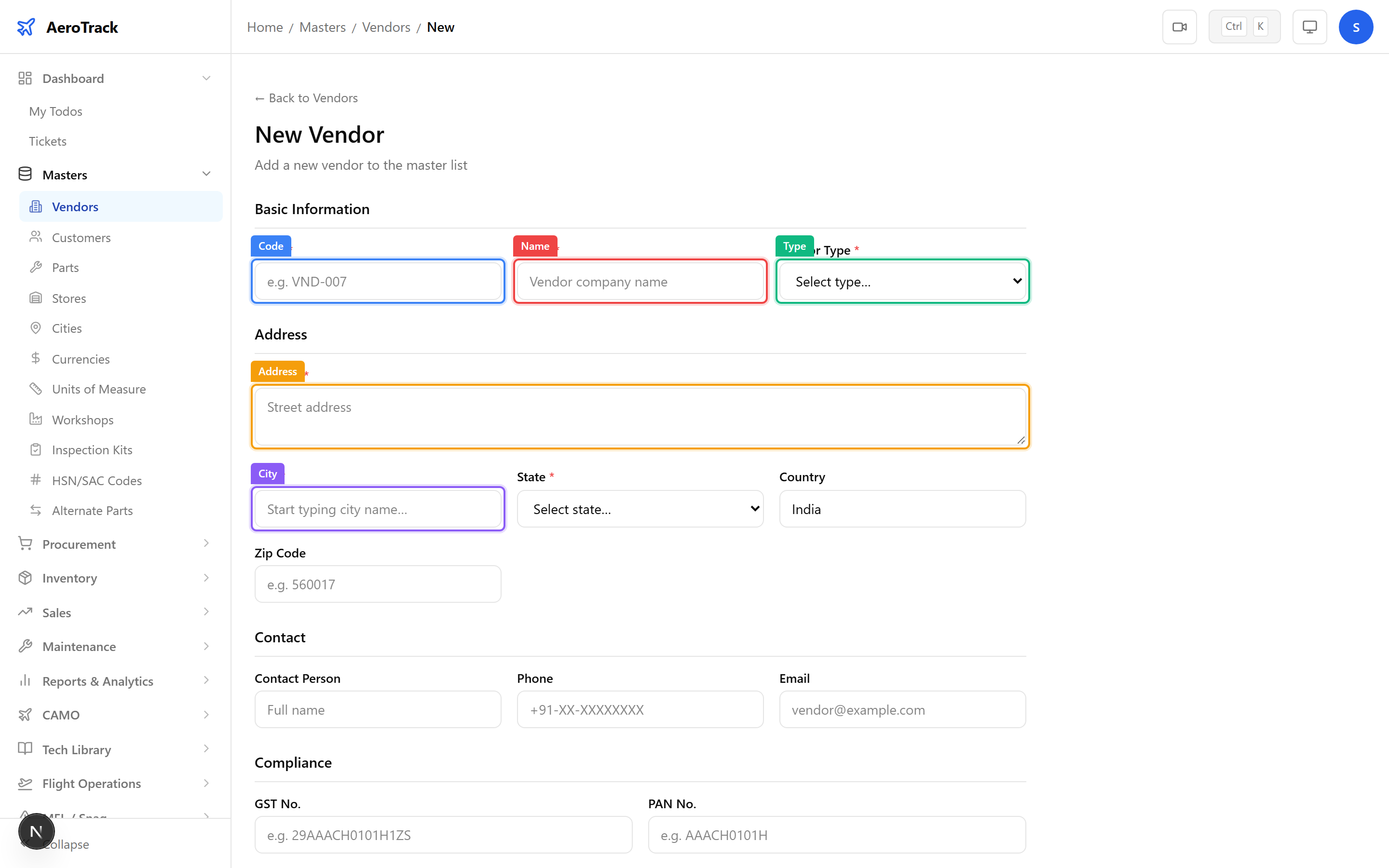 Vendor form showing code, name, type, address, city, and contact fields
