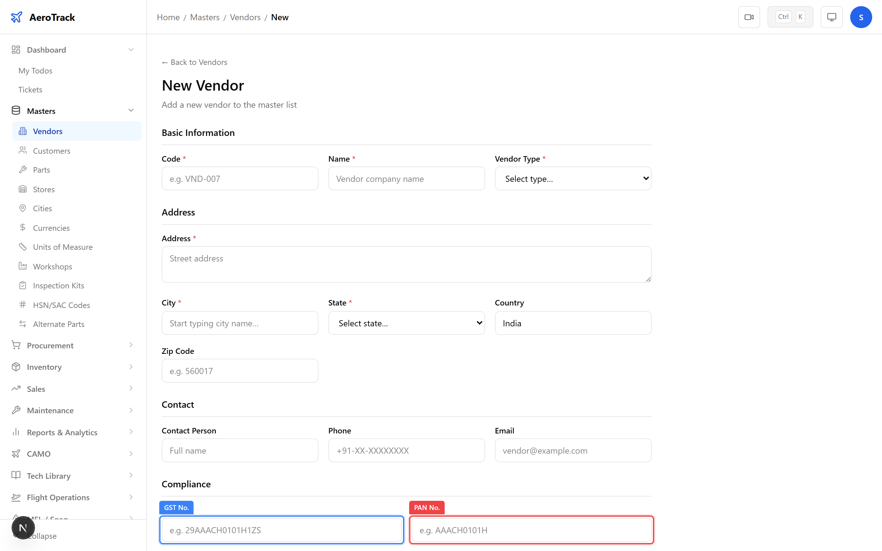 Vendor form showing GST number, PAN number, payment terms, and approval toggle