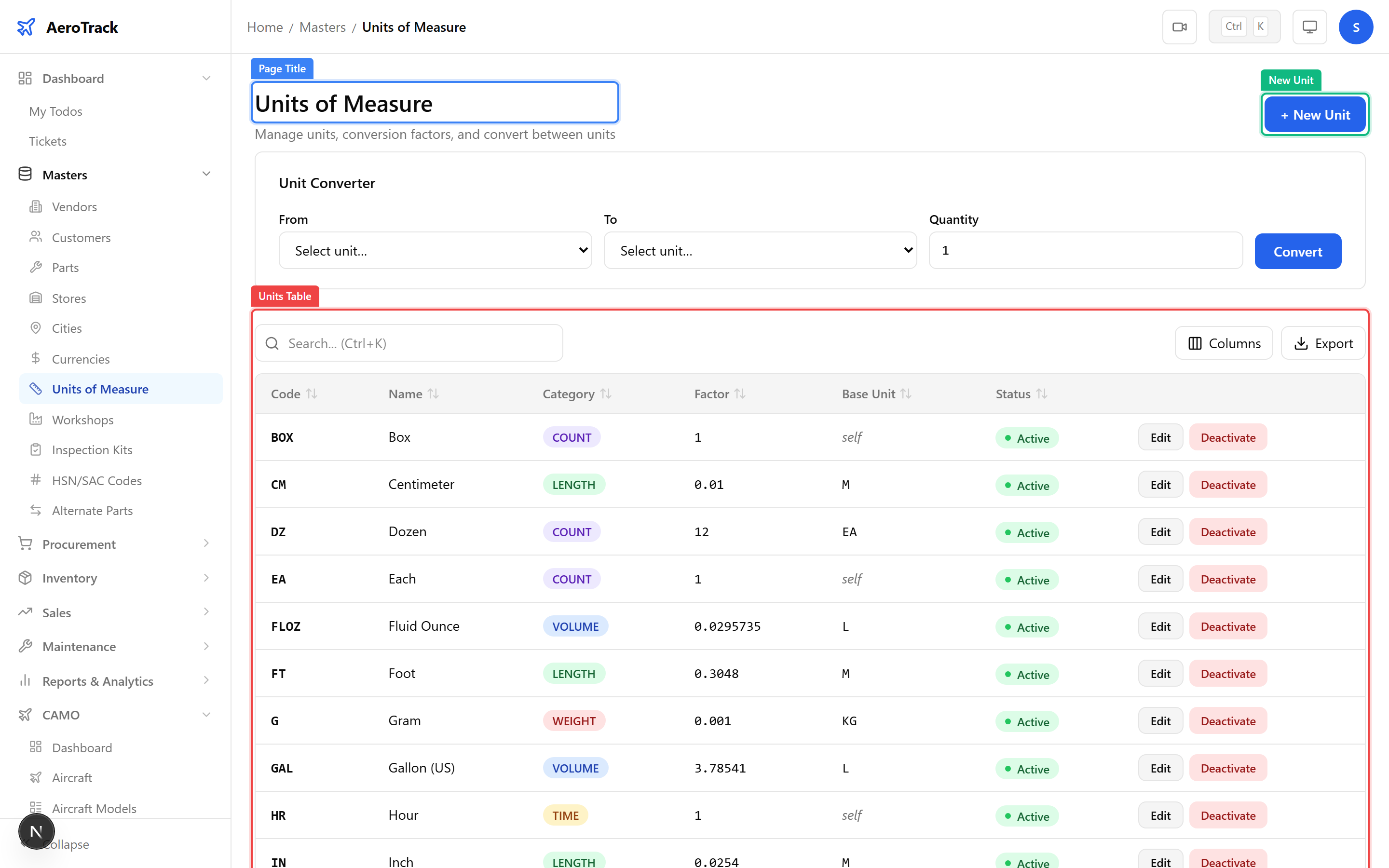 Unit of Measure list showing unit codes, names, categories, and conversion factors
