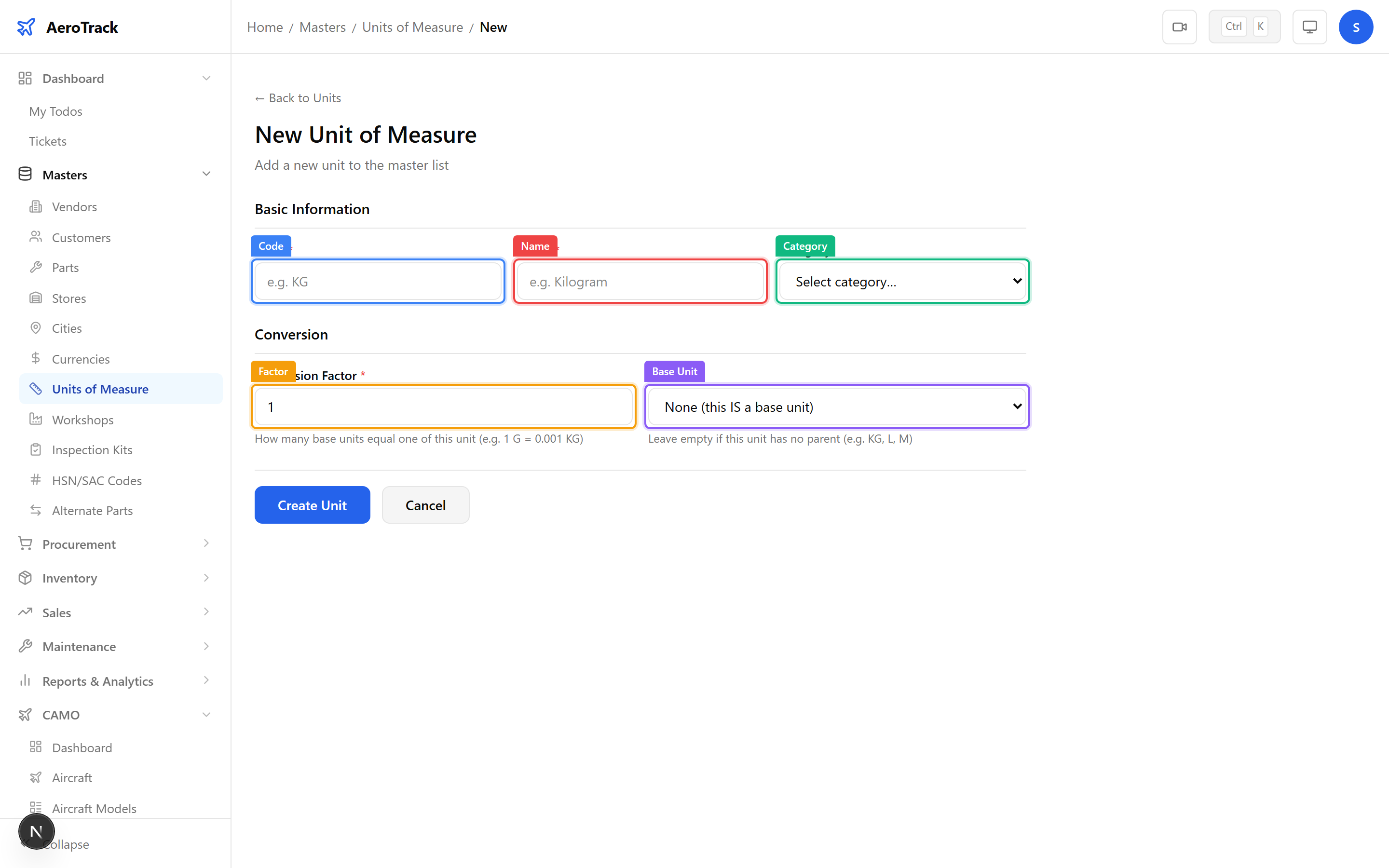 Unit creation form with code, name, category, factor, and base unit fields