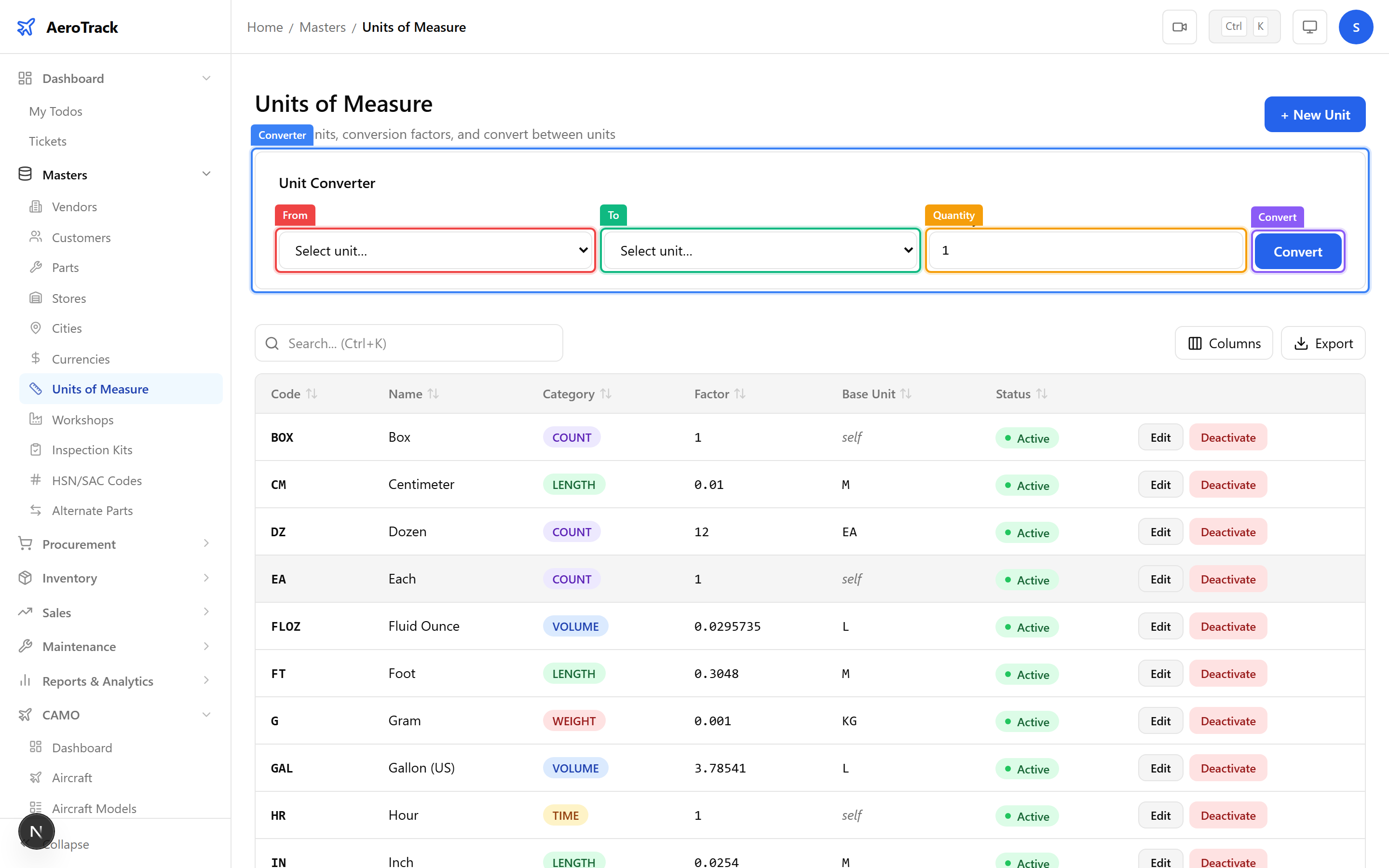 Unit converter panel with From unit, To unit, quantity input, and Convert button