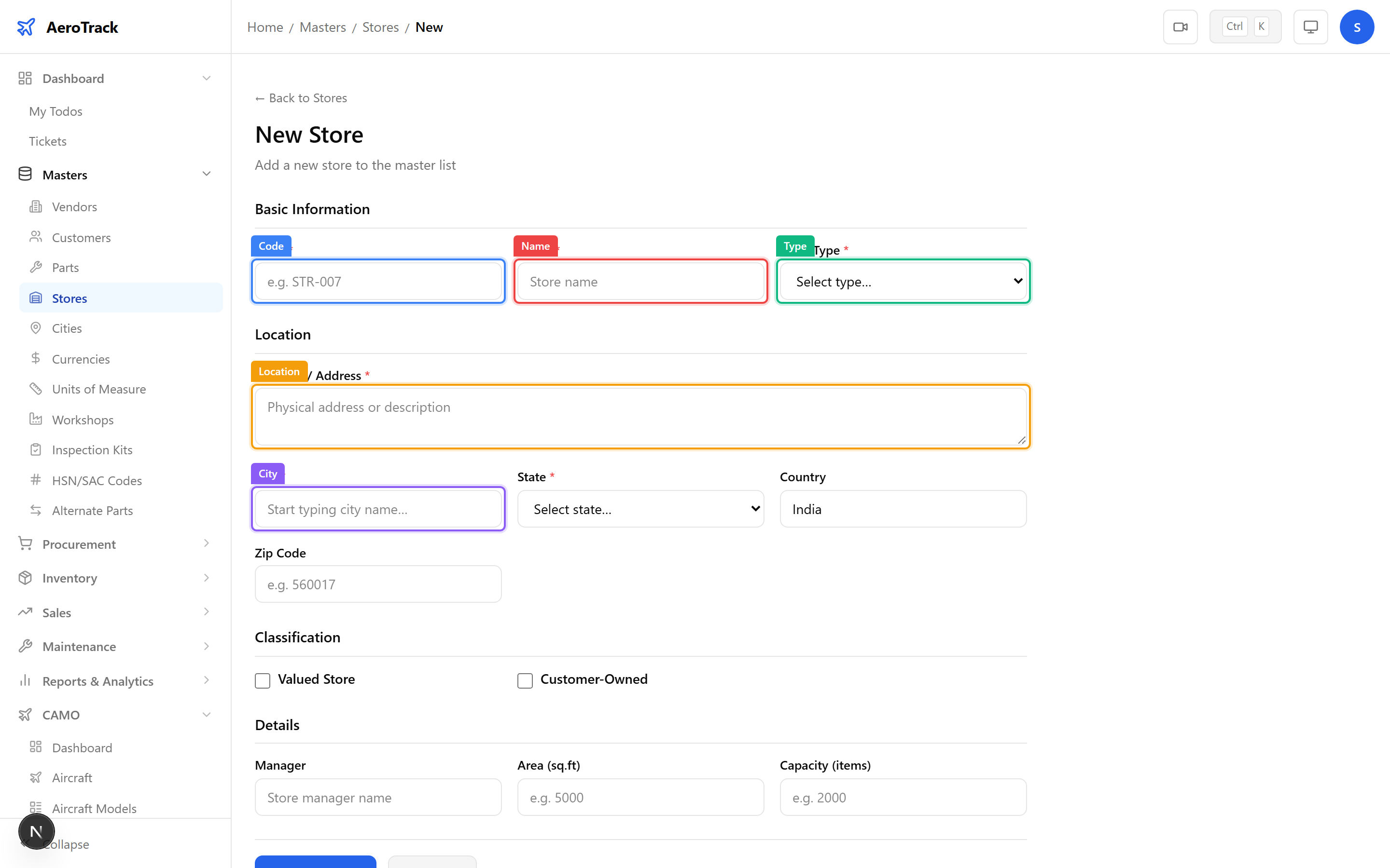 Store form showing code, name, type, location, city, and manager fields
