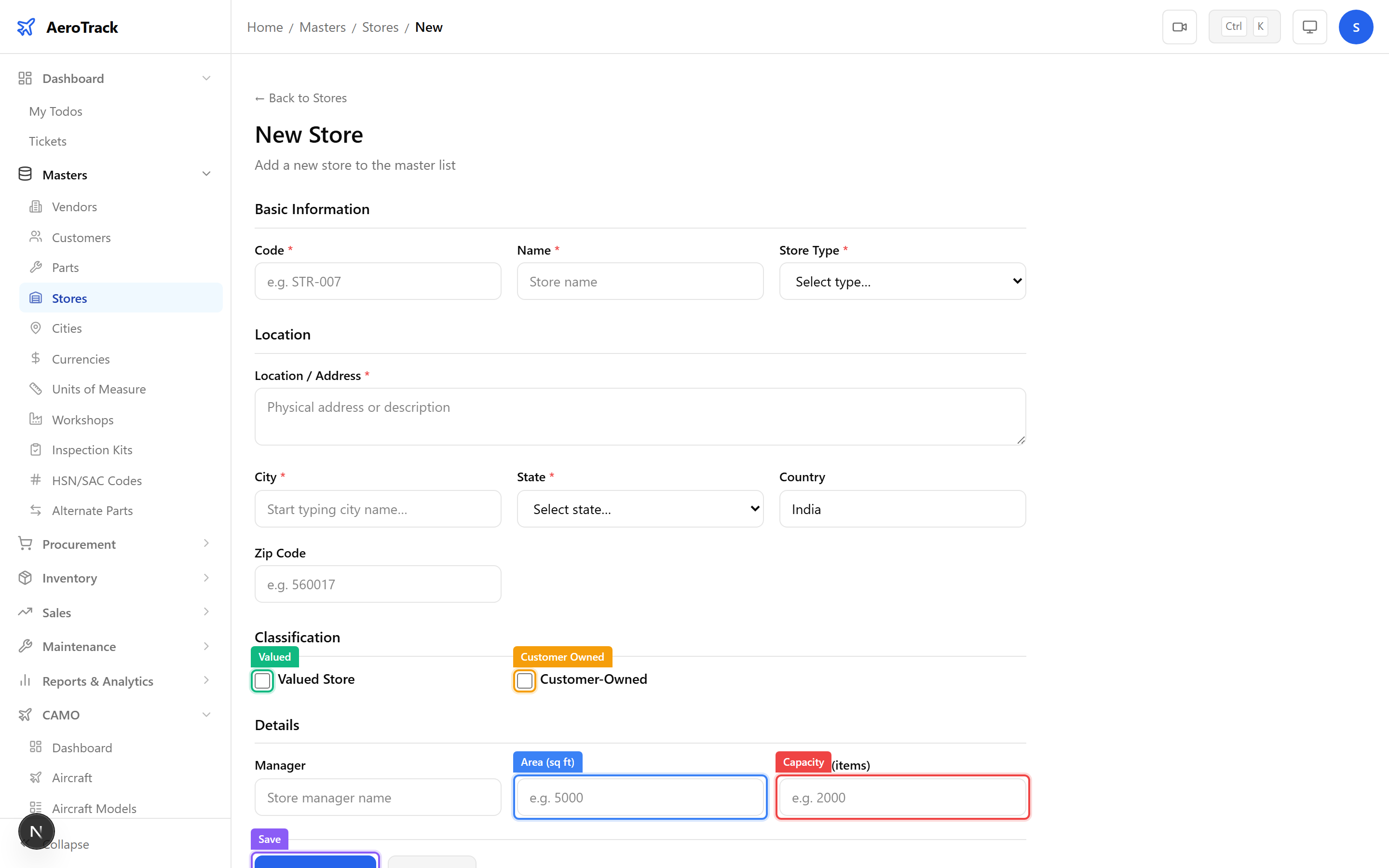 Store form showing area, capacity, valued toggle, and customer-owned toggle
