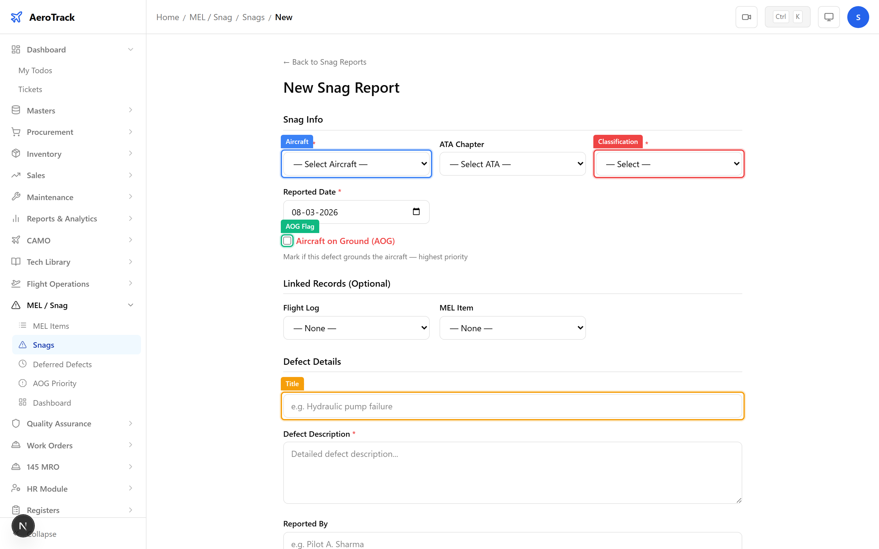 Snag report form with AOG checkbox highlighted in red, aircraft selector, classification, and defect description fields