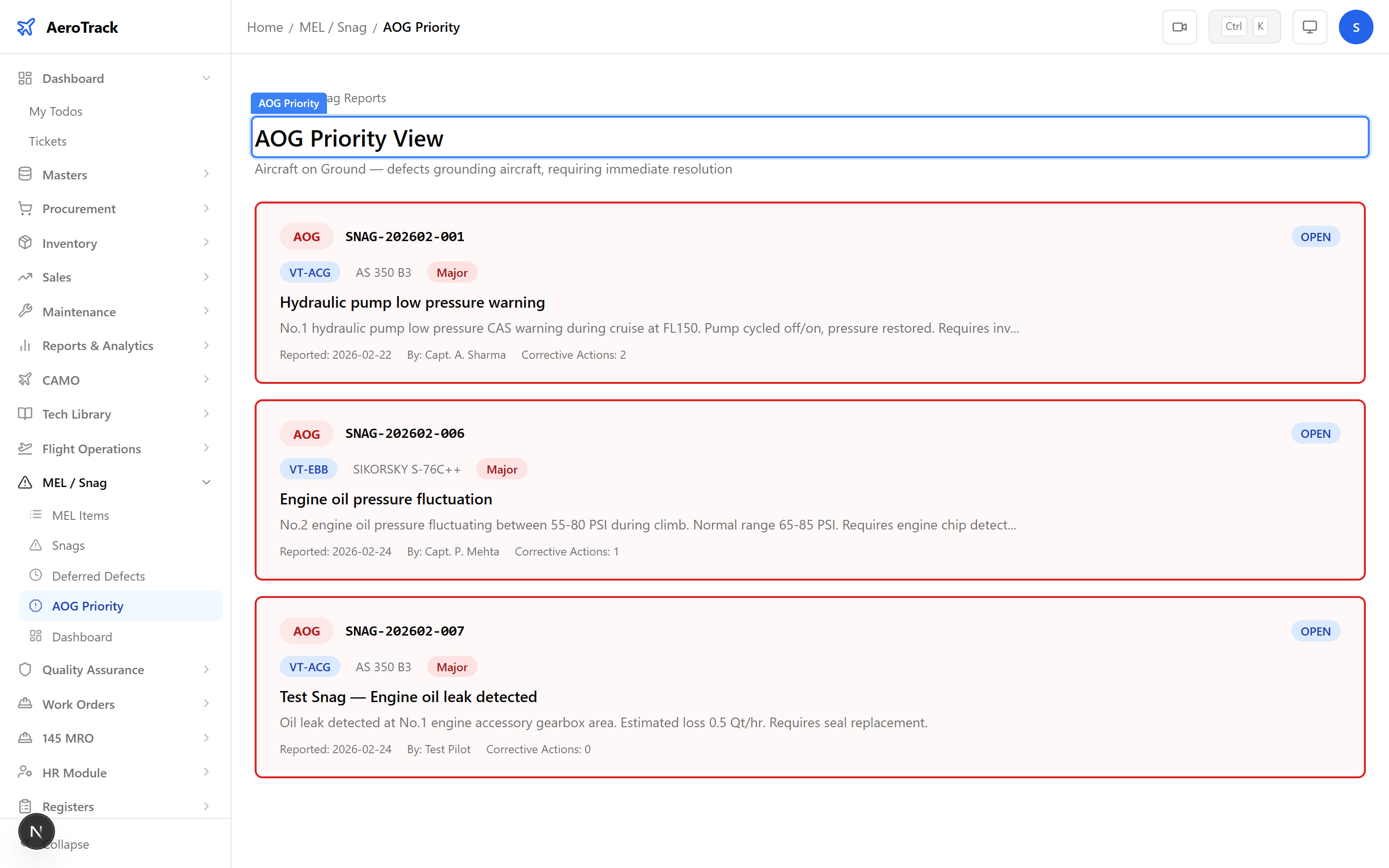 AOG Priority View showing red-bordered cards for grounded aircraft with snag numbers, status badges, and corrective action counts