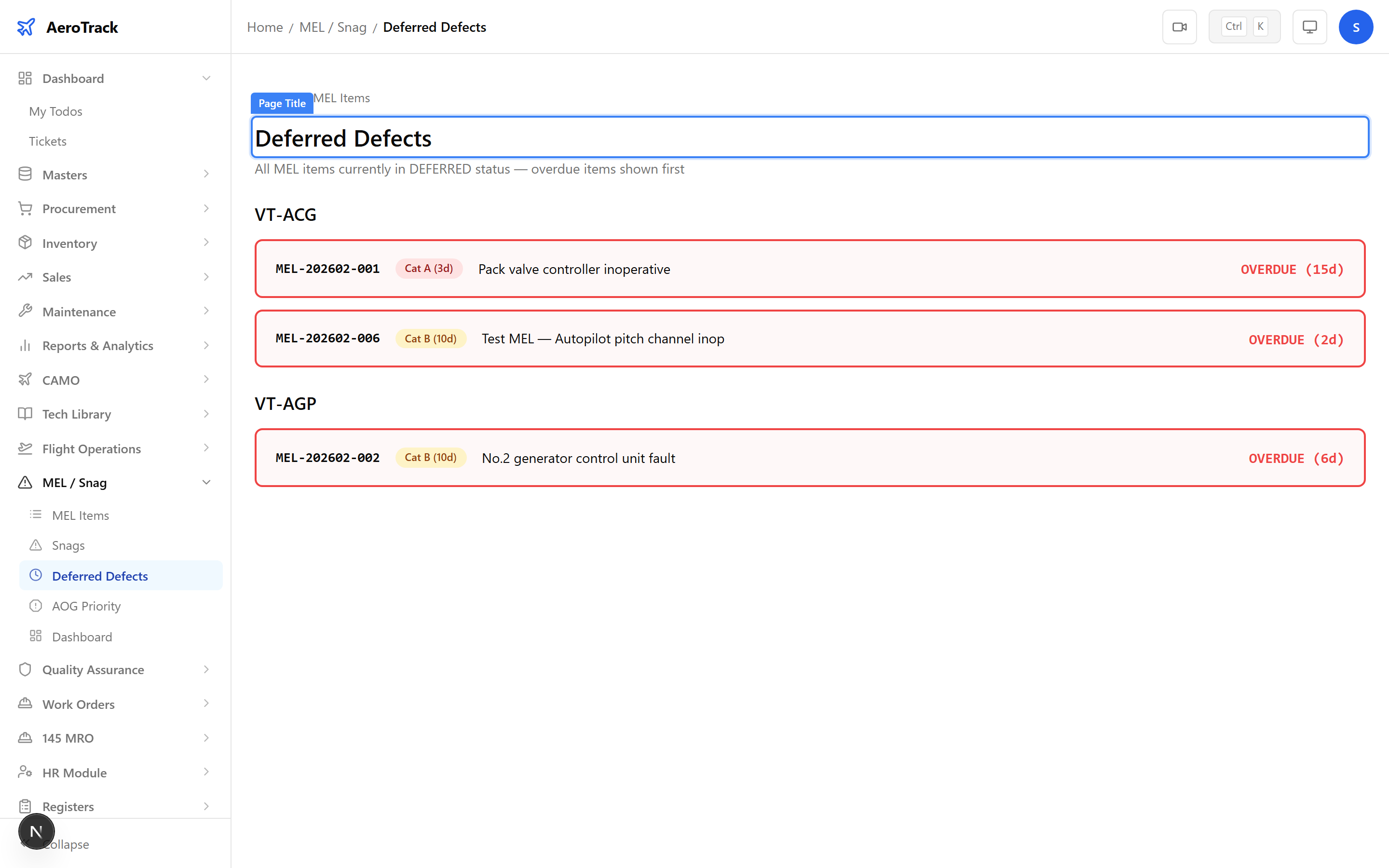 Deferred items view showing MEL items with category, deadline, and overdue badges