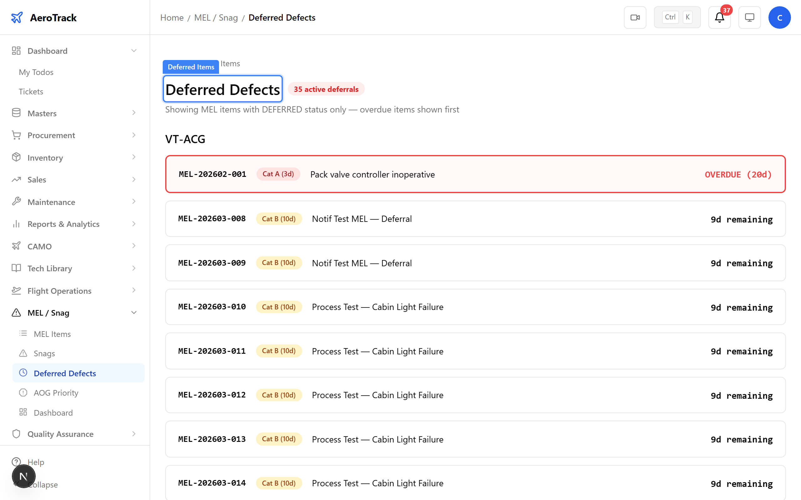 Deferred items view with deadline monitoring