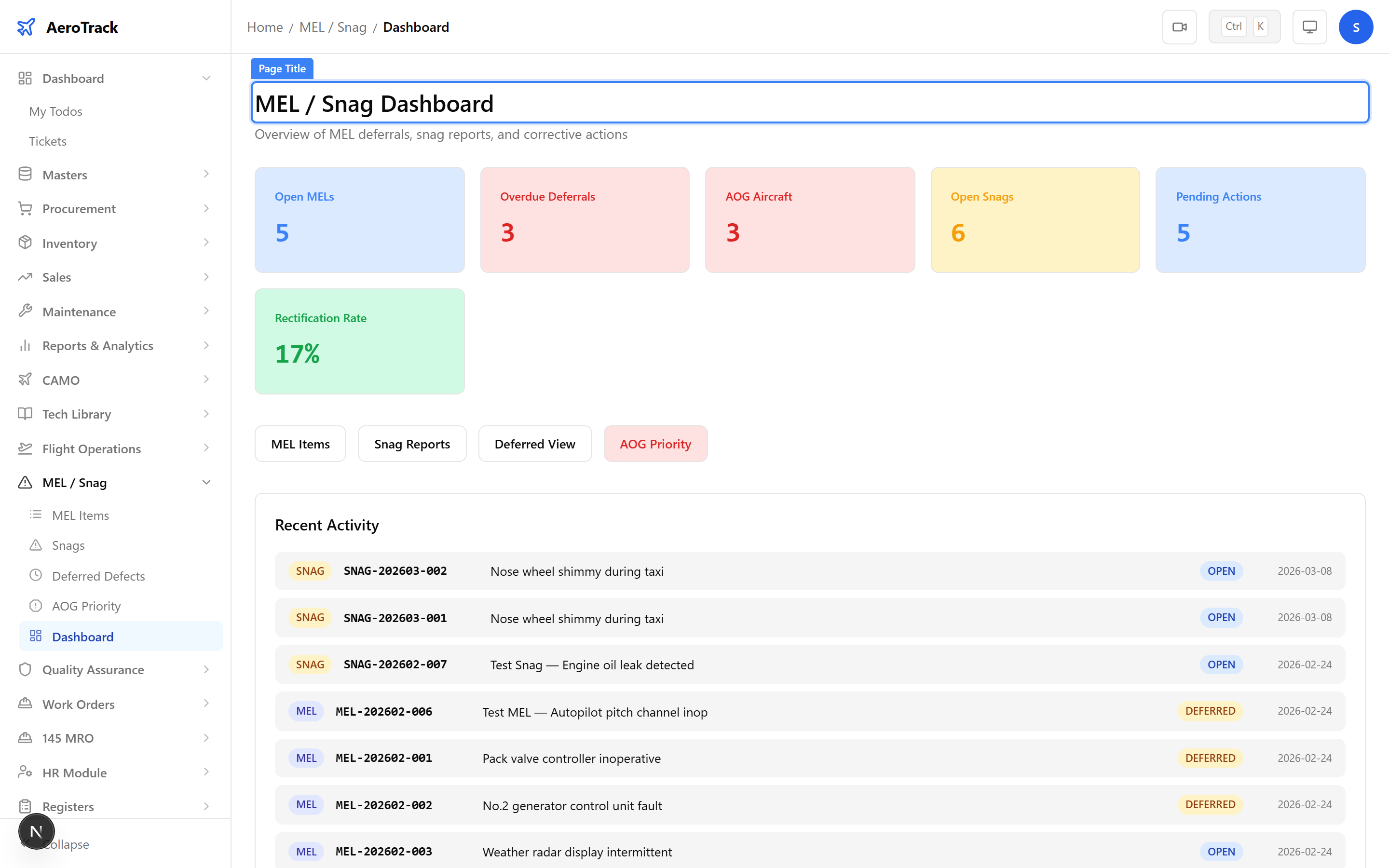 MEL/Snag dashboard with KPI cards and quick-access links