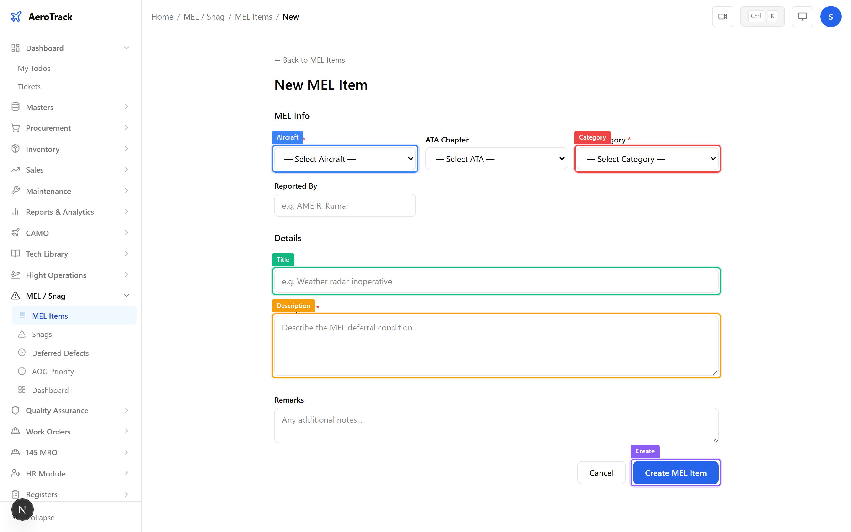 MEL item form with aircraft selector, ATA chapter, MEL category dropdown showing A/B/C/D options, title, and description fields