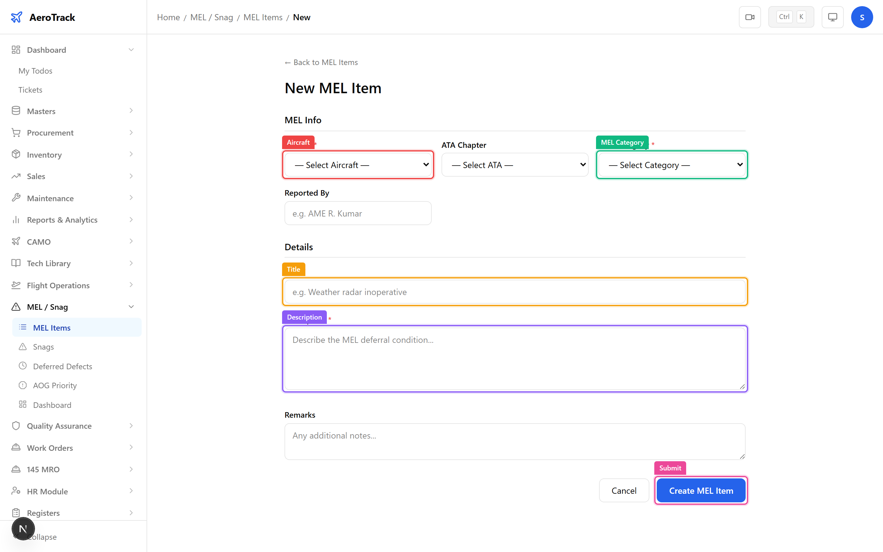 New MEL form with aircraft, ATA chapter, category, title, and description fields