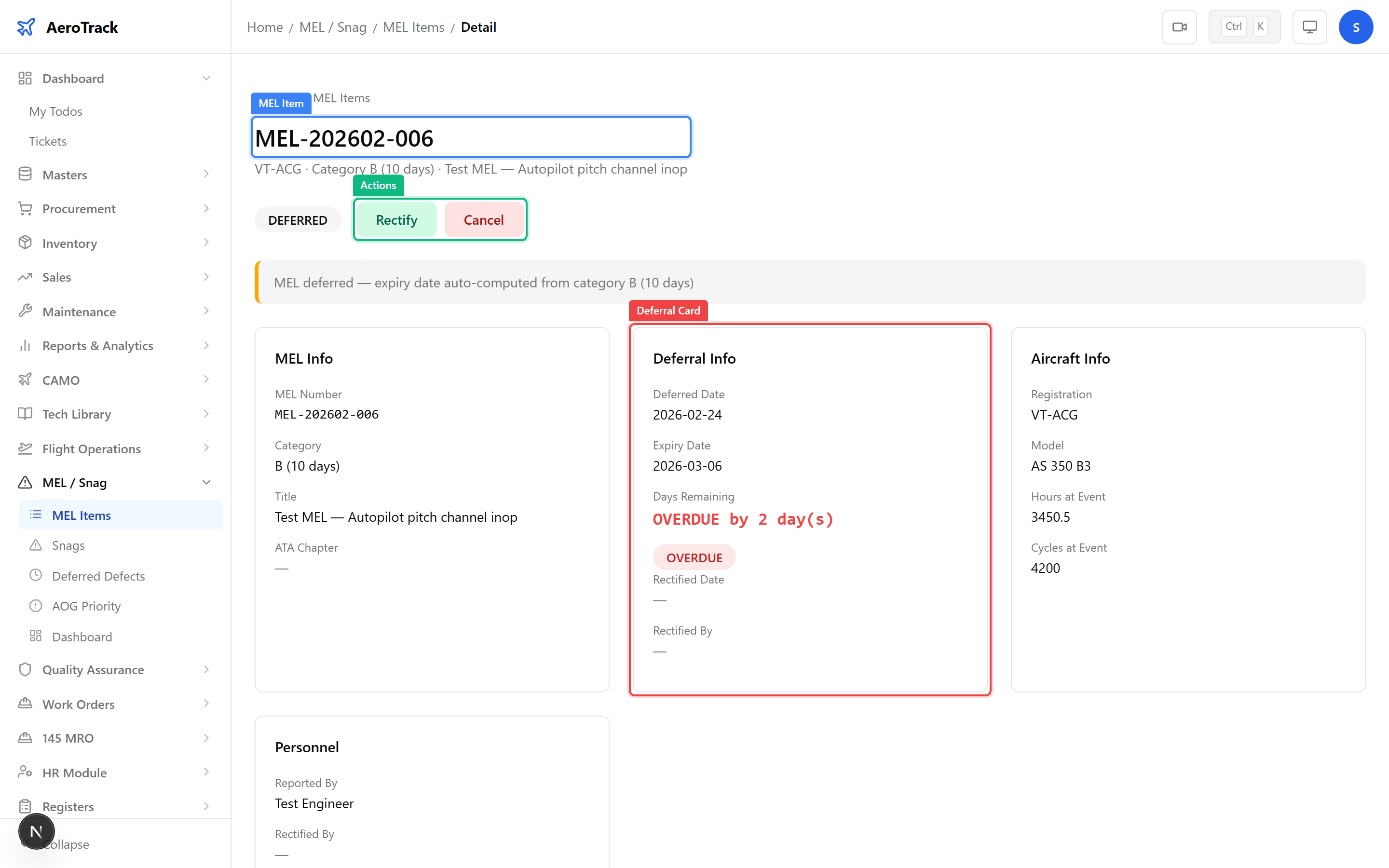MEL item detail with deferral card, overdue badge, and workflow action buttons