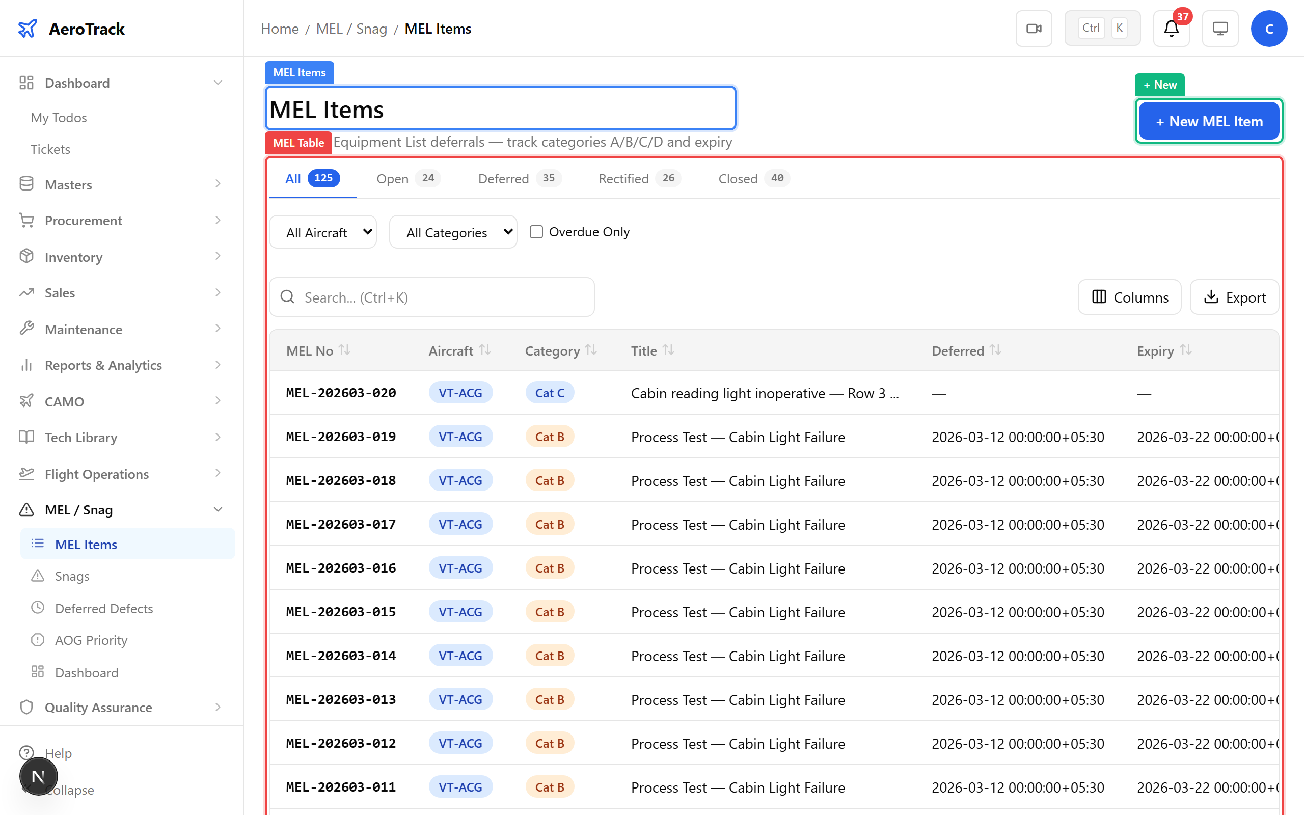 MEL items list with status badges