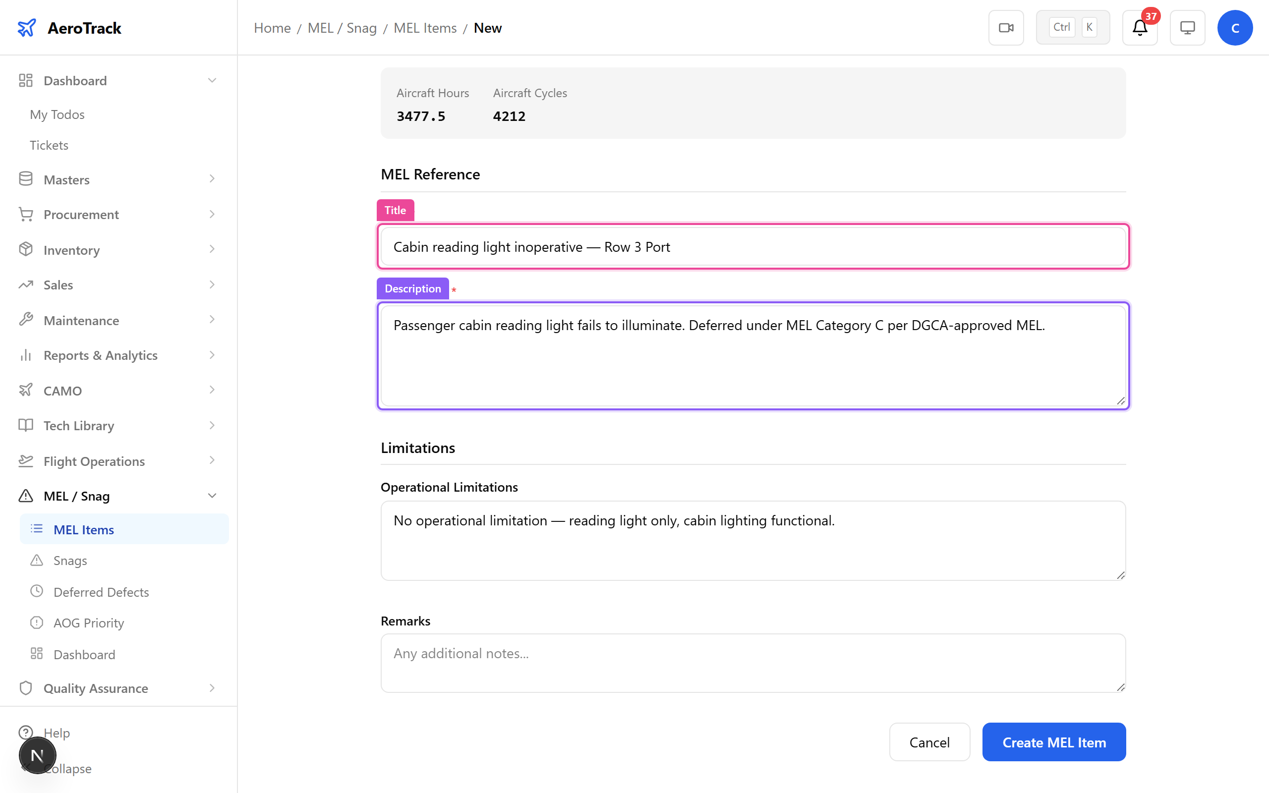MEL deferral form with all fields filled