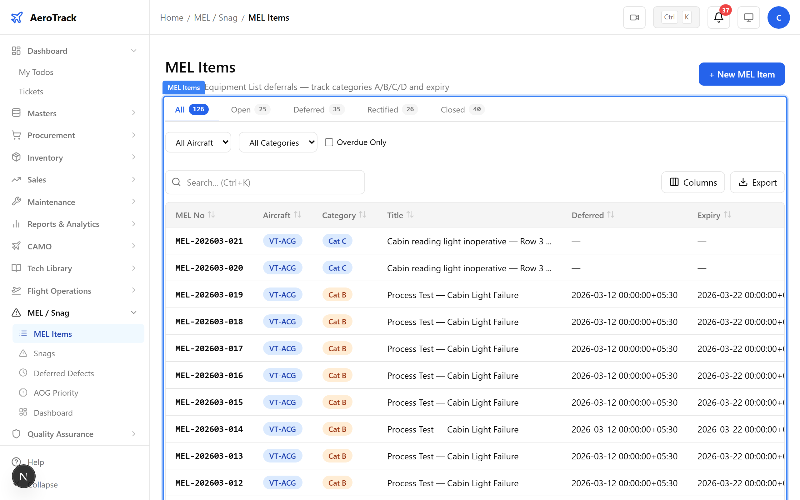 MEL item showing RECTIFIED status