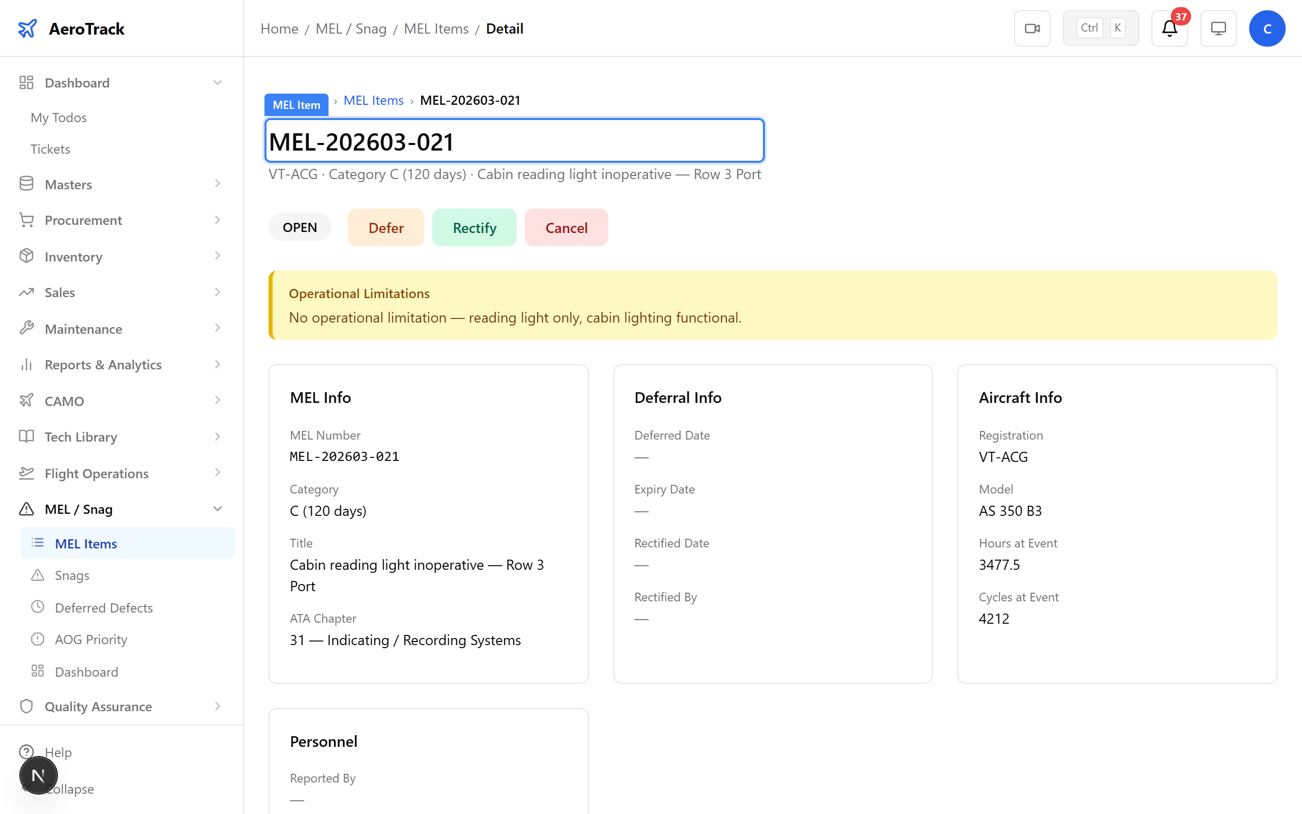 MEL detail page showing DEFERRED status