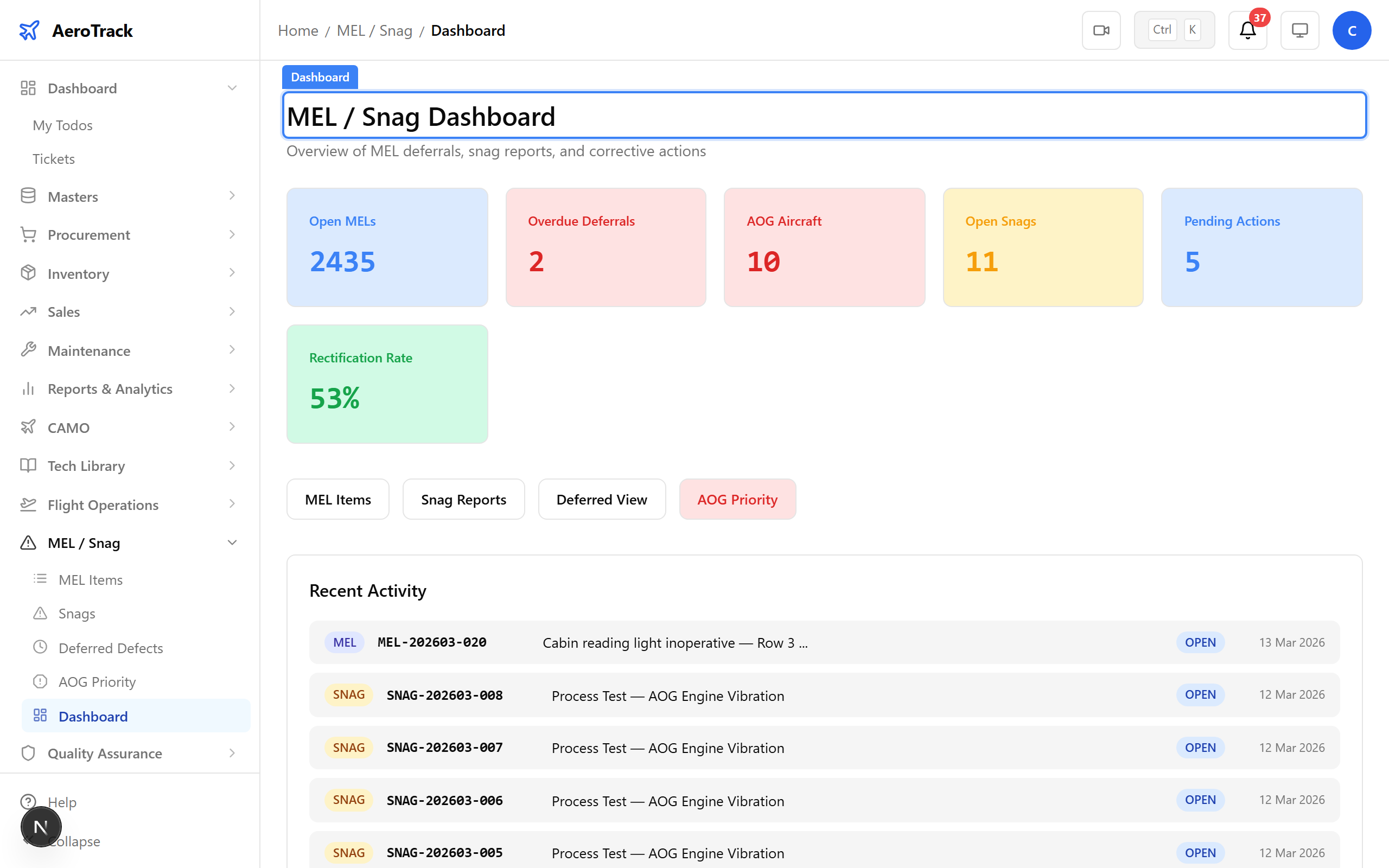 MEL/Snag dashboard with summary cards